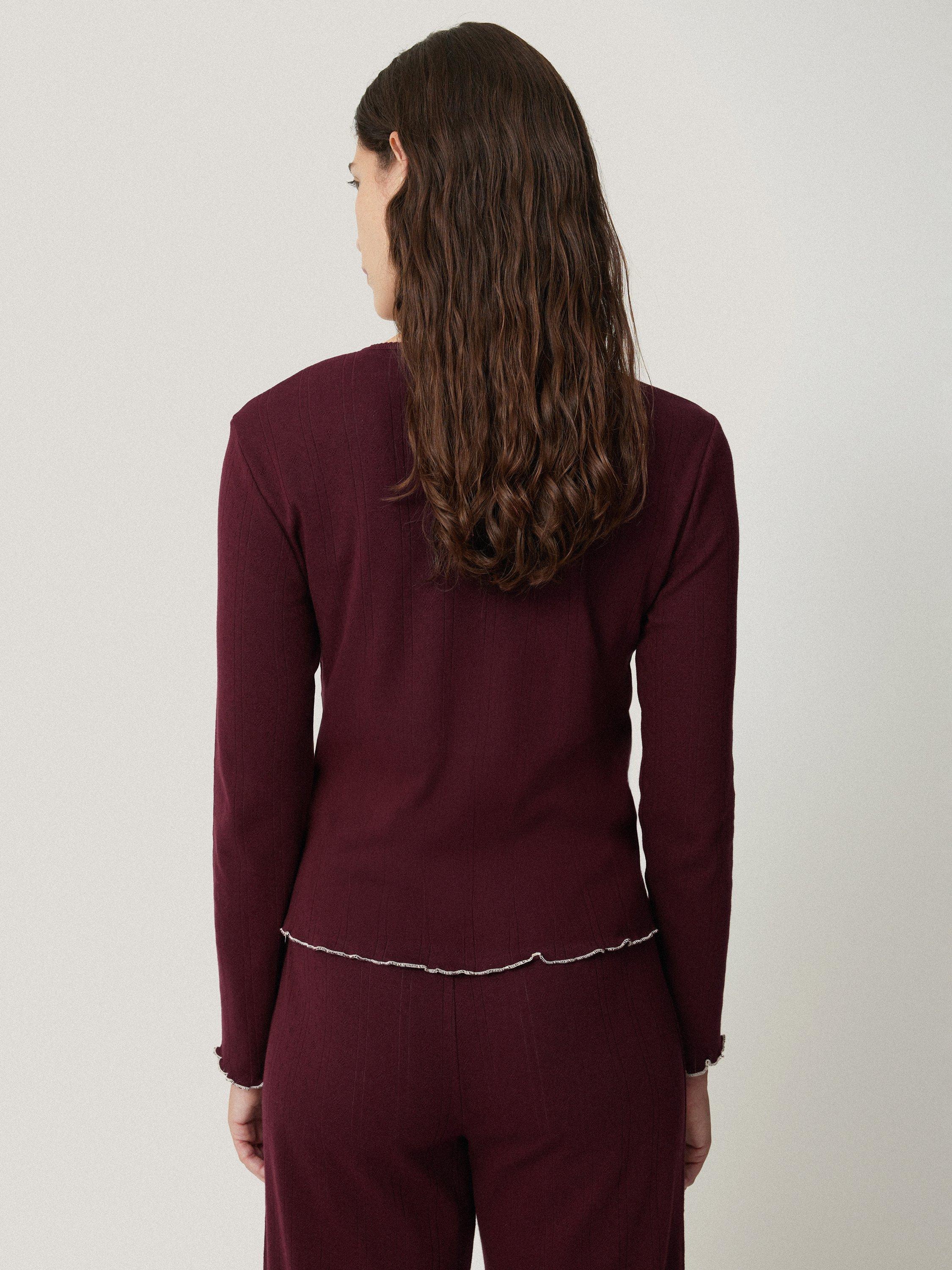 Product image 2 of 8, which shows Jigsaw Henley Pure Organic Cotton Pyjama Top, Burgundy, S