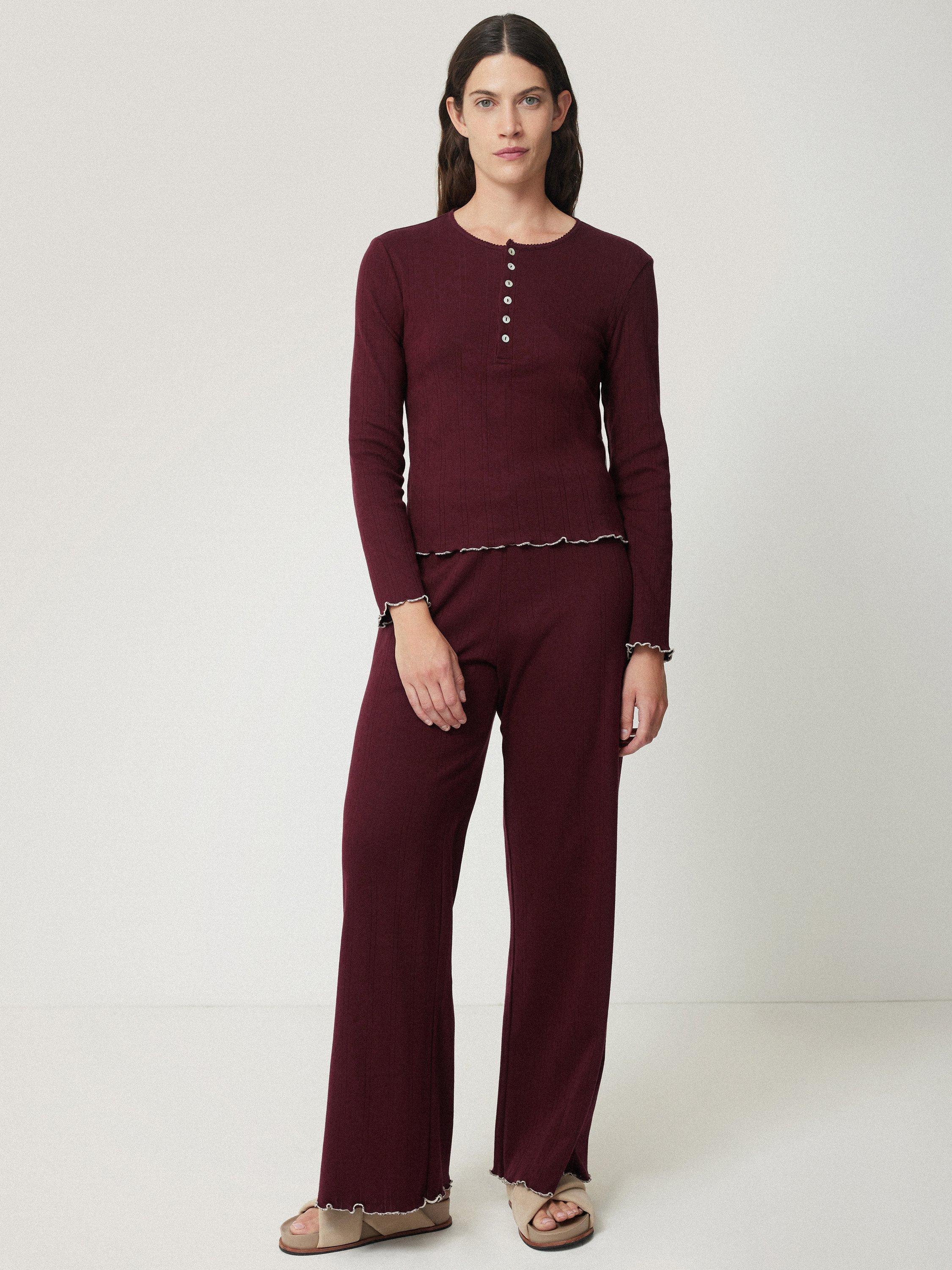 Product image 4 of 8, which shows Jigsaw Henley Pure Organic Cotton Pyjama Top, Burgundy, S