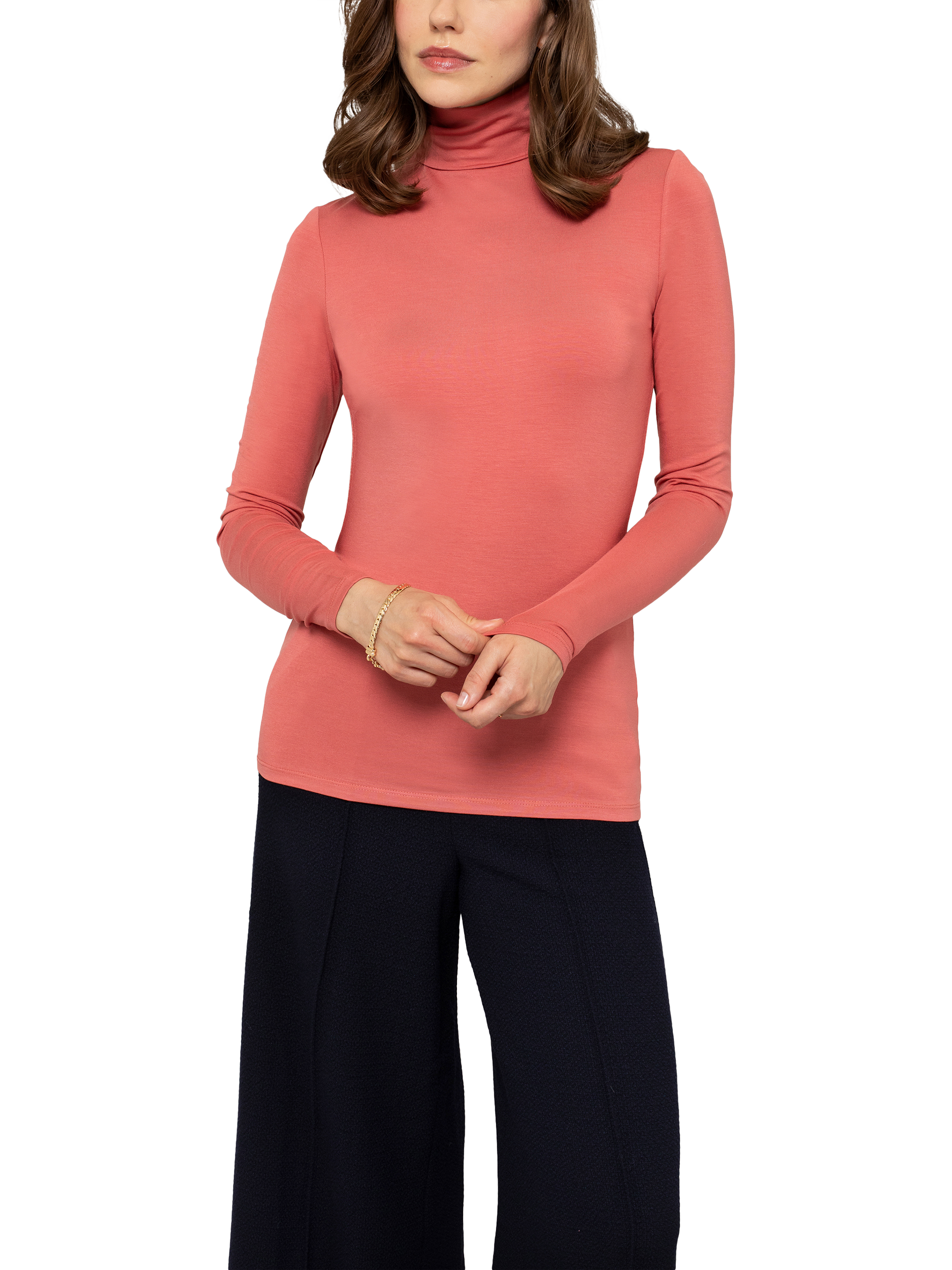 Product image 1 of 5, which shows Celtic & Co. Silky Roll Neck Long Sleeve Top, Antique Rose, 8