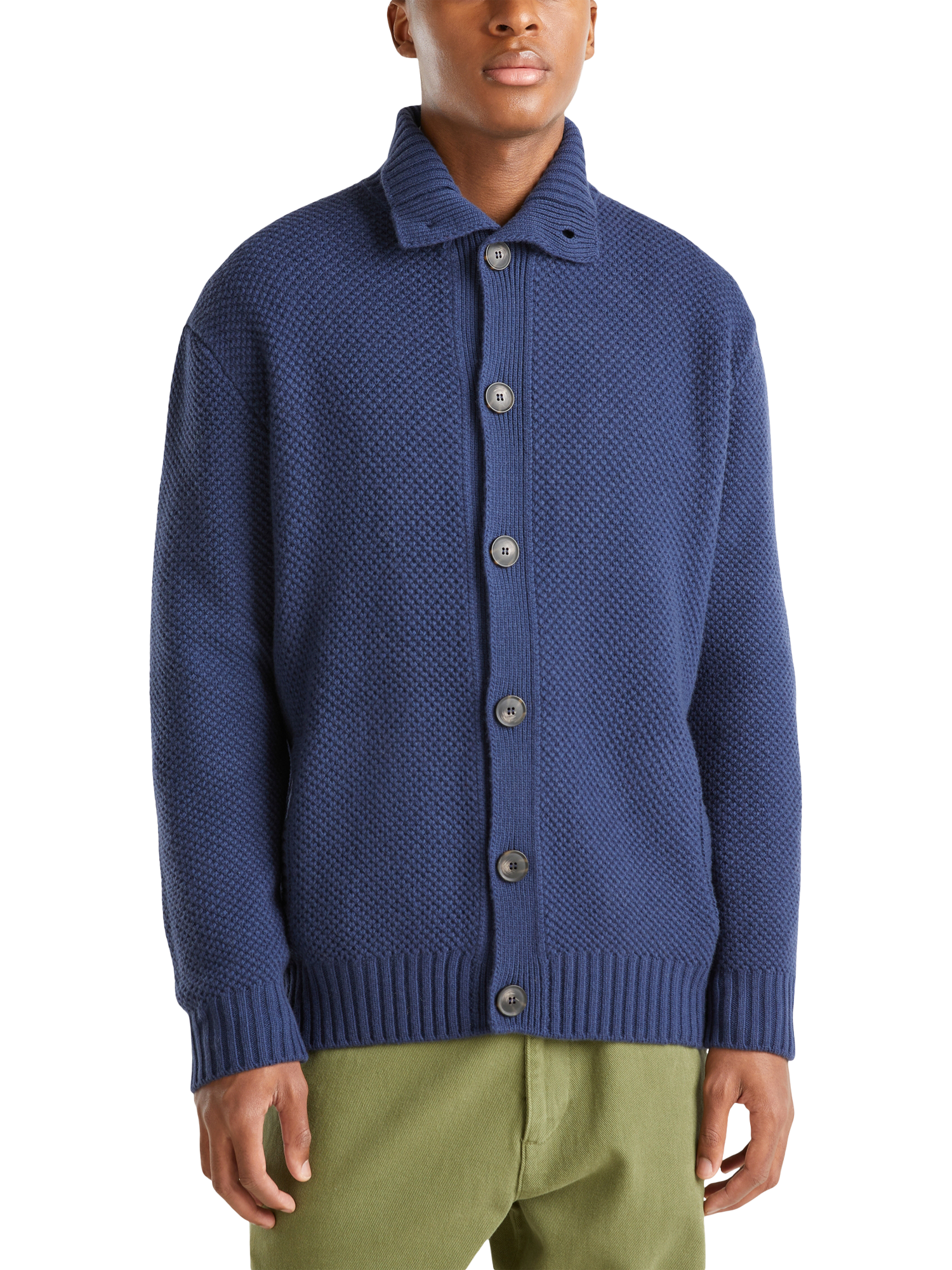 Benetton Wool Blend Honeycomb Stitch Cardigan, Night Blue