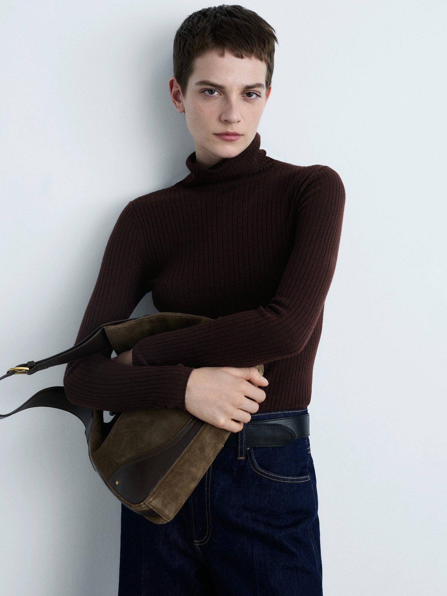 Product image 1 of 7, which shows Mango Flurron Ribbed Roll Neck Jumper, Dark Brown, XS