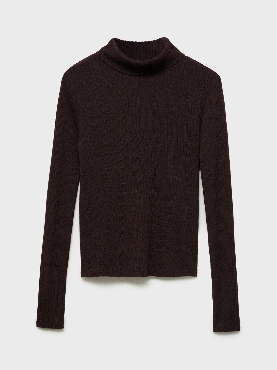 Product image 3 of 7, which shows Mango Flurron Ribbed Roll Neck Jumper, Dark Brown, XS