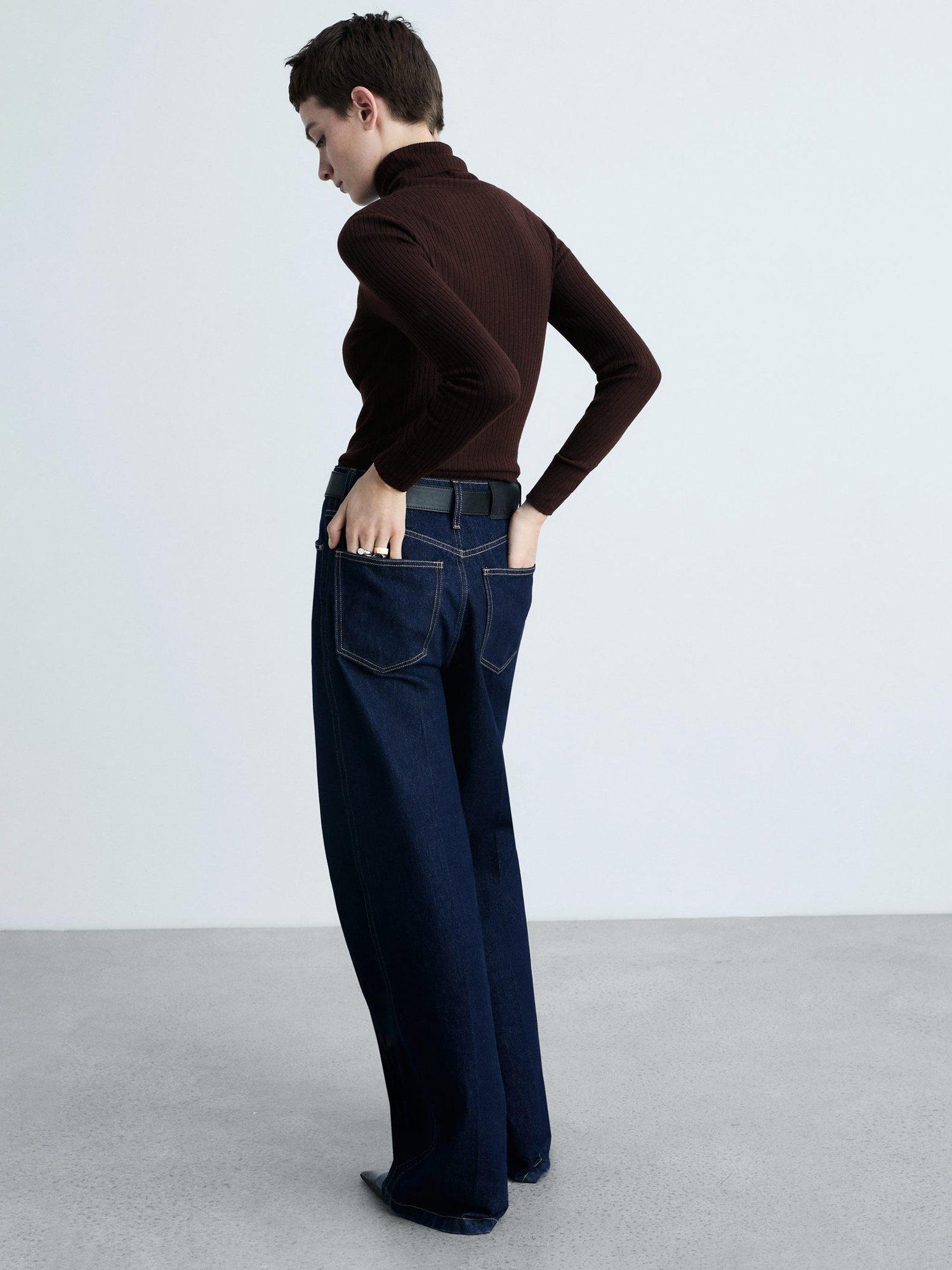 Product image 4 of 7, which shows Mango Flurron Ribbed Roll Neck Jumper, Dark Brown, XS