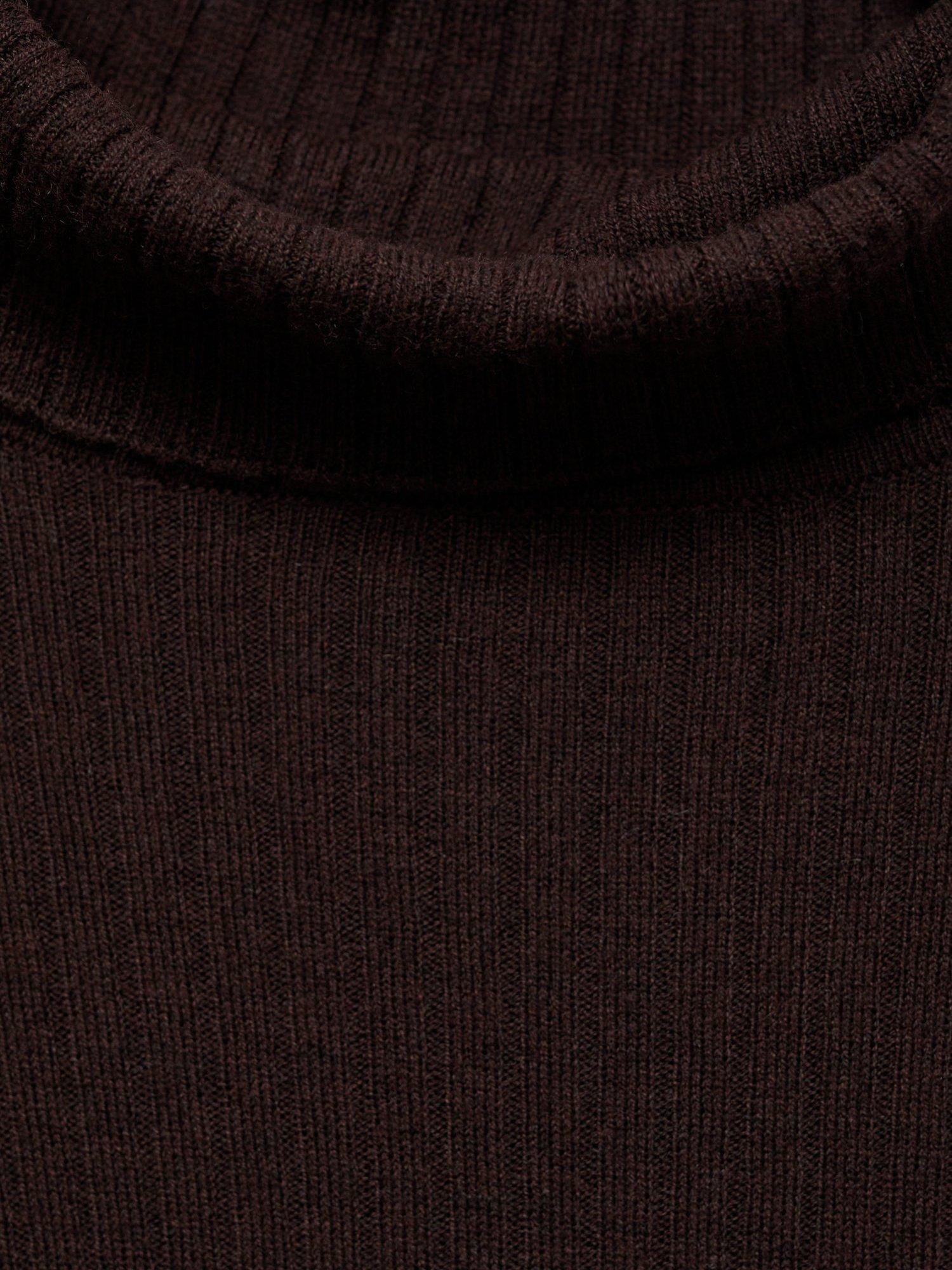 Product image 5 of 7, which shows Mango Flurron Ribbed Roll Neck Jumper, Dark Brown, XS