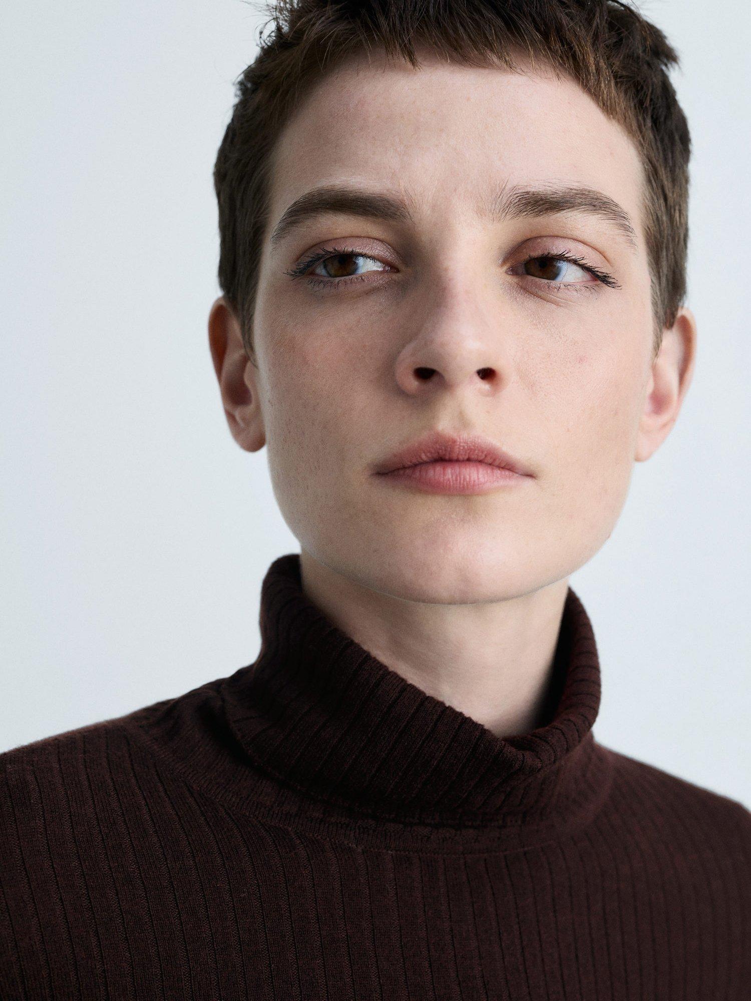 Product image 6 of 7, which shows Mango Flurron Ribbed Roll Neck Jumper, Dark Brown, XS