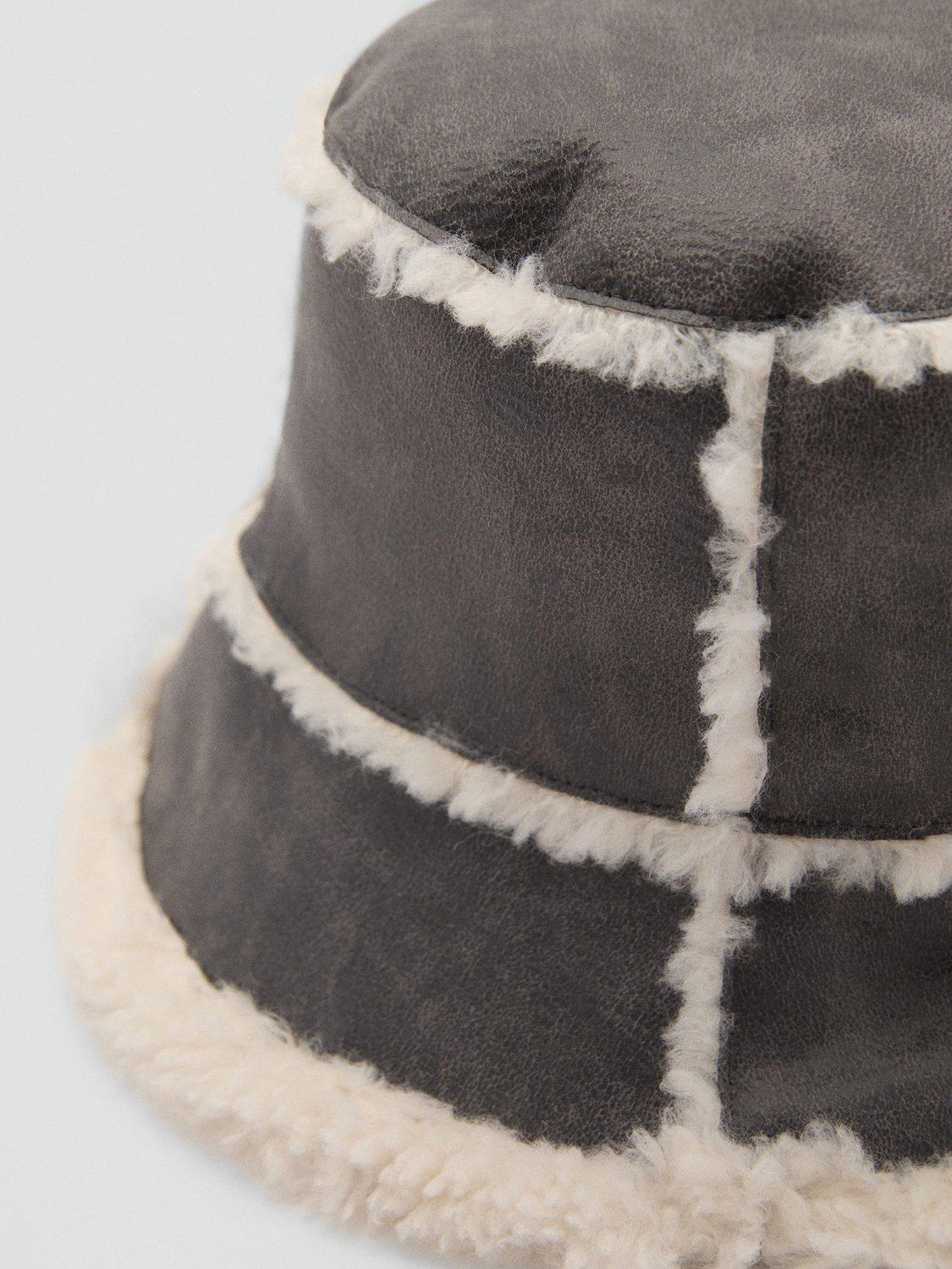 Mango Bond Faux Leather & Shearling Bucket Hat, Grey, One Size