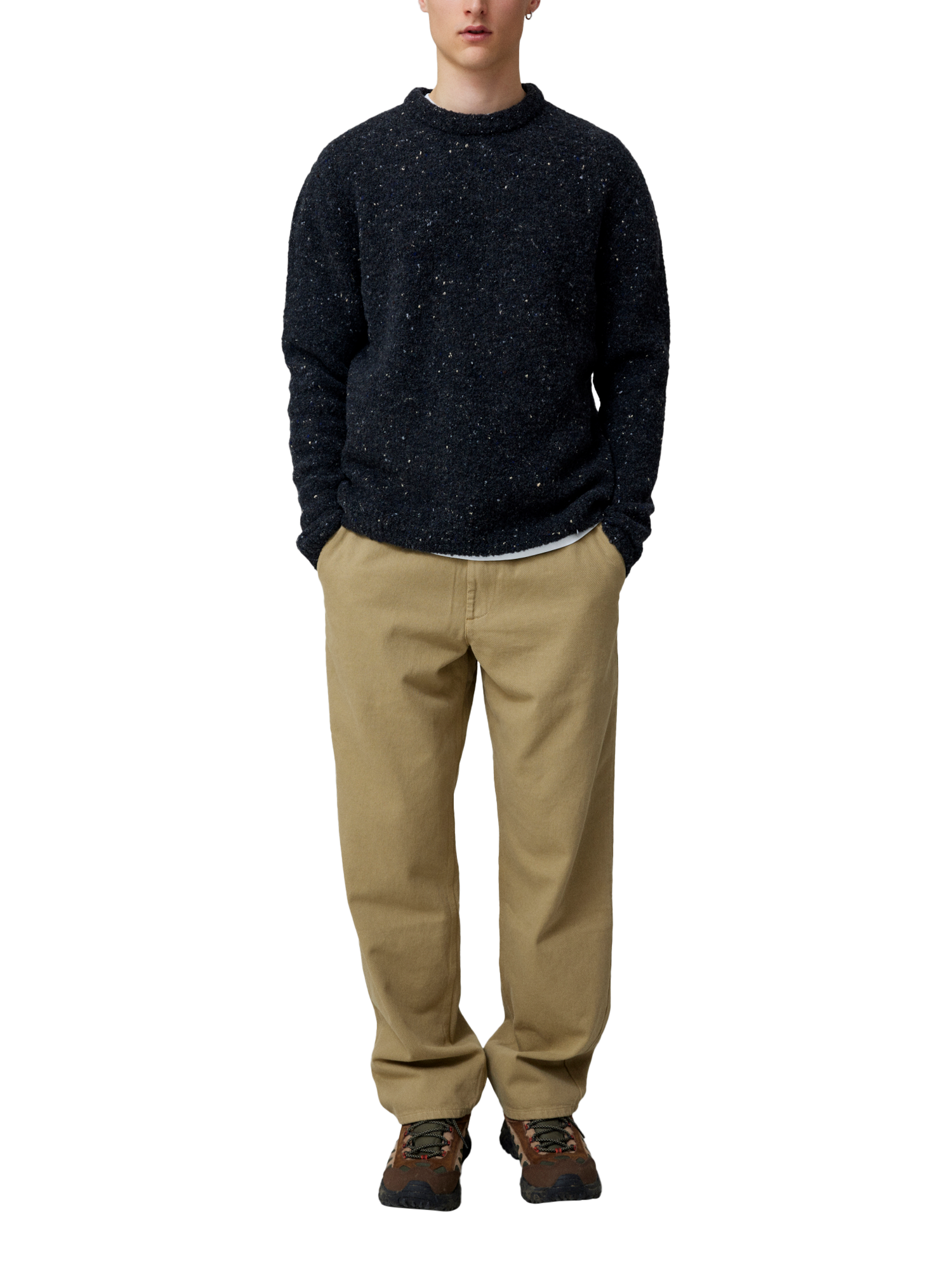 Product image 1 of 6, which shows forét Moss Textured Merino Wool Knit Jumper, Dark Grey Melange/White, S