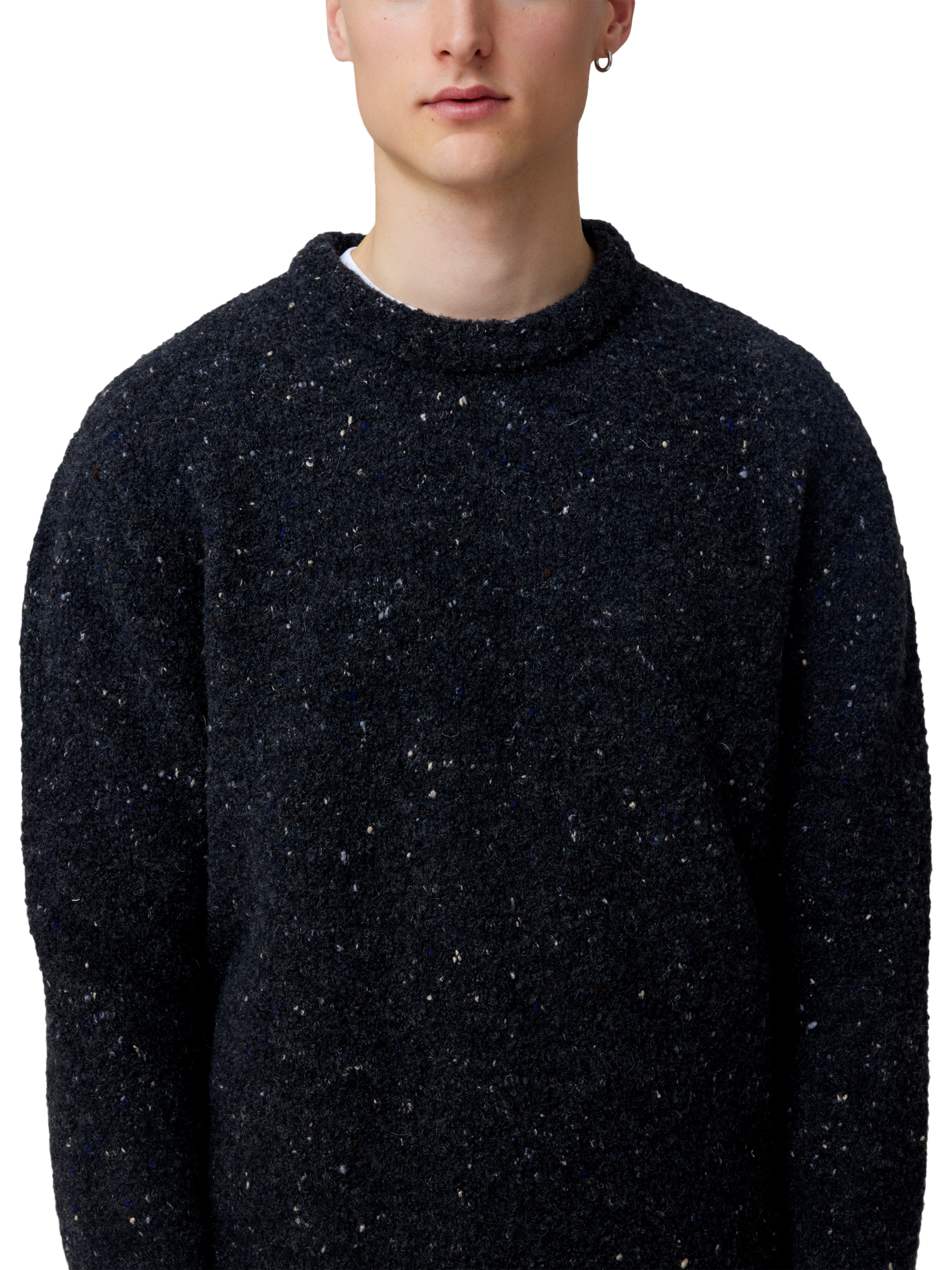 Product image 2 of 6, which shows forét Moss Textured Merino Wool Knit Jumper, Dark Grey Melange/White, S