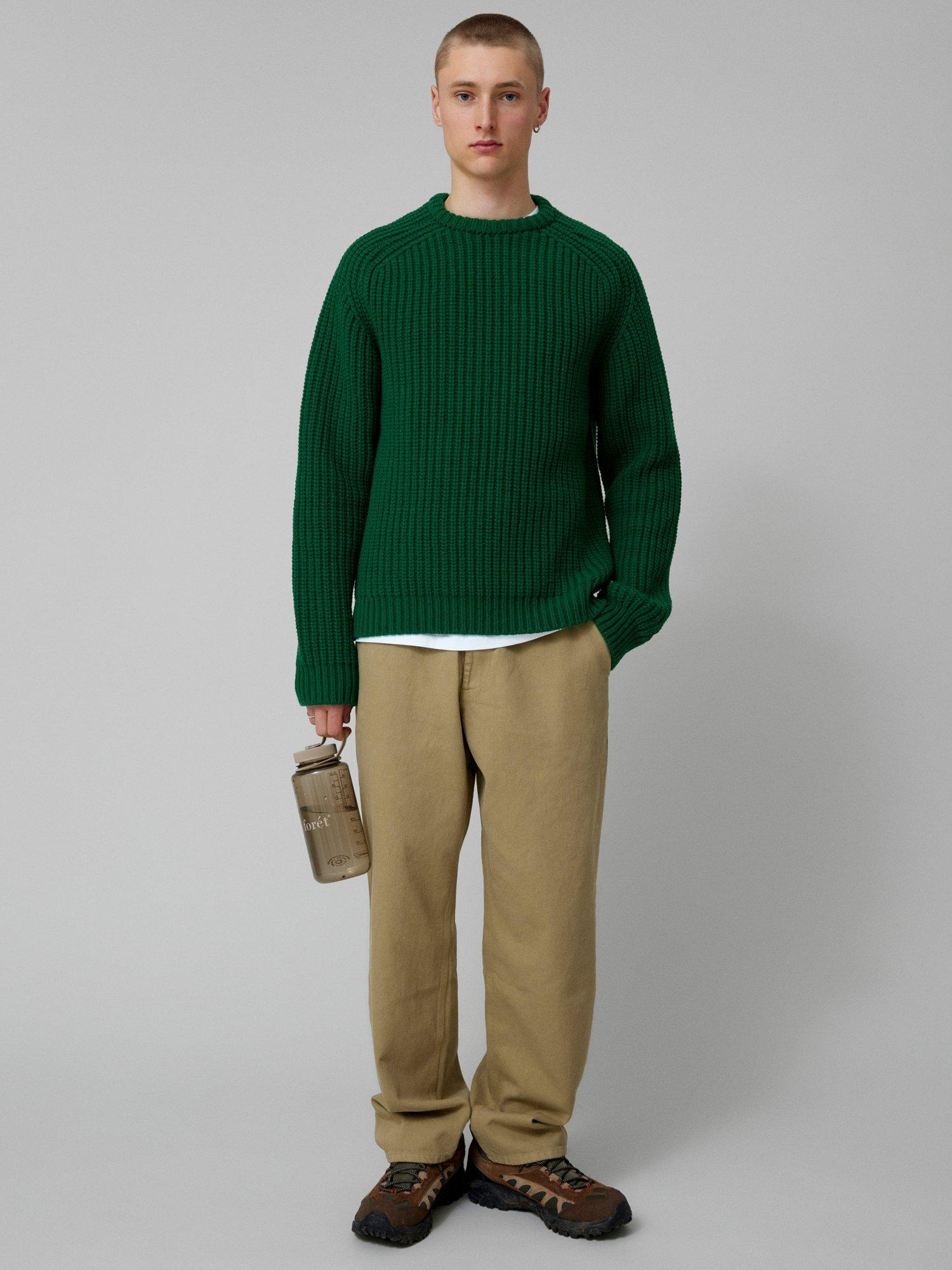 Product image 1 of 7, which shows forét Trip Chunky Rib Knit Wool Blend Jumper, Green, S