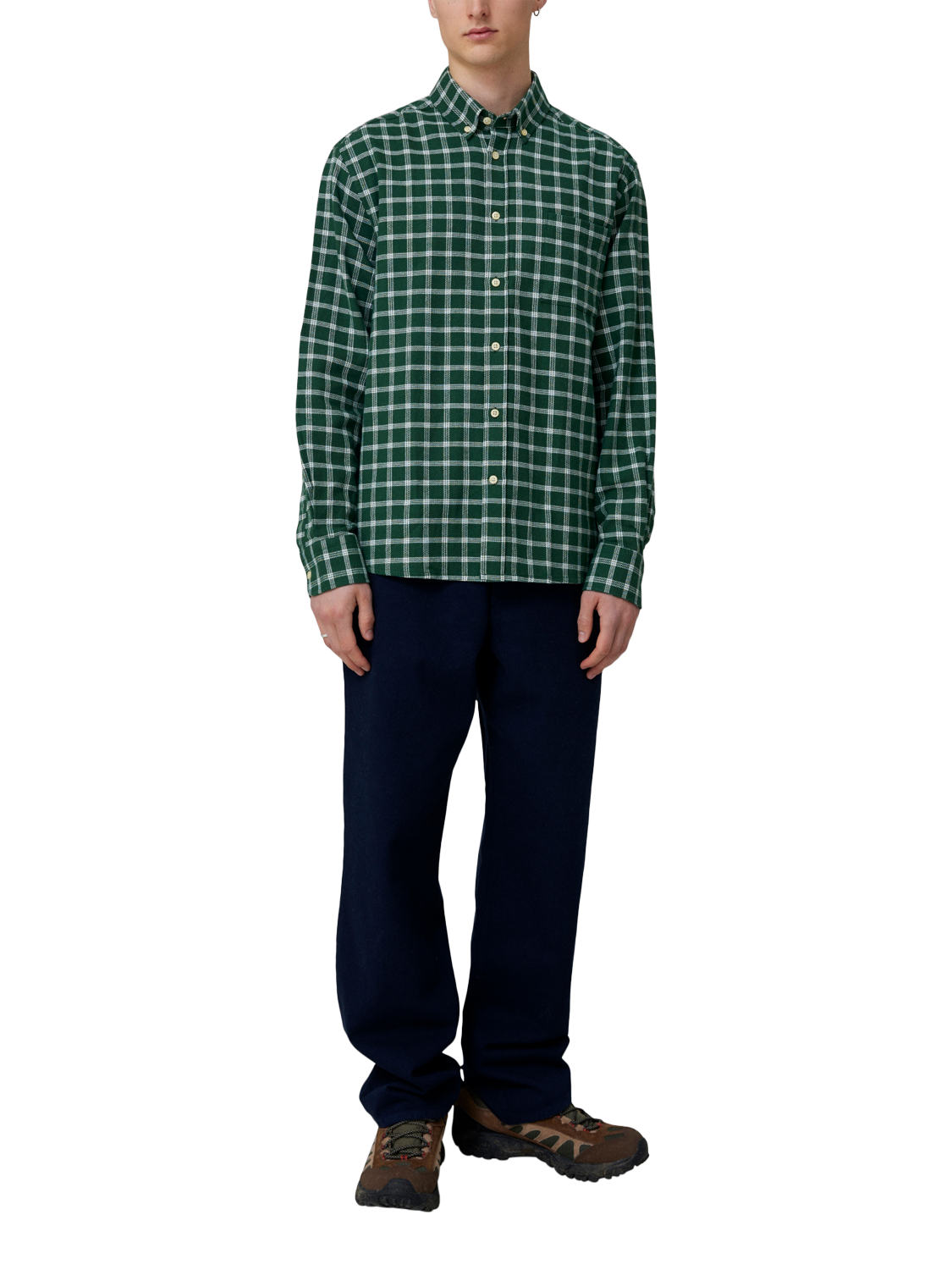 Product image 1 of 7, which shows forét Hornet Flannel Check Shirt, Green/Cloud, M