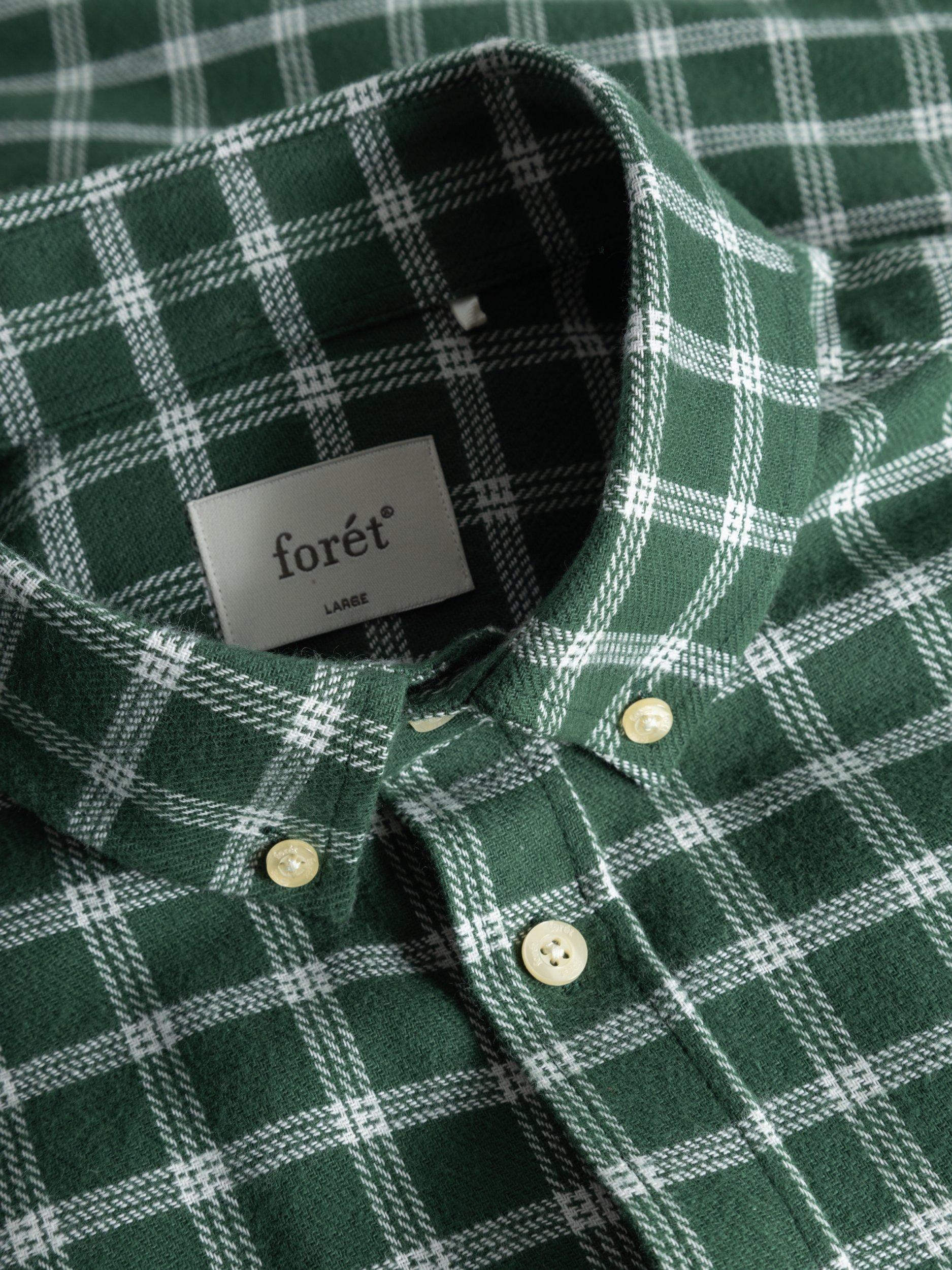 Product image 3 of 7, which shows forét Hornet Flannel Check Shirt, Green/Cloud, M