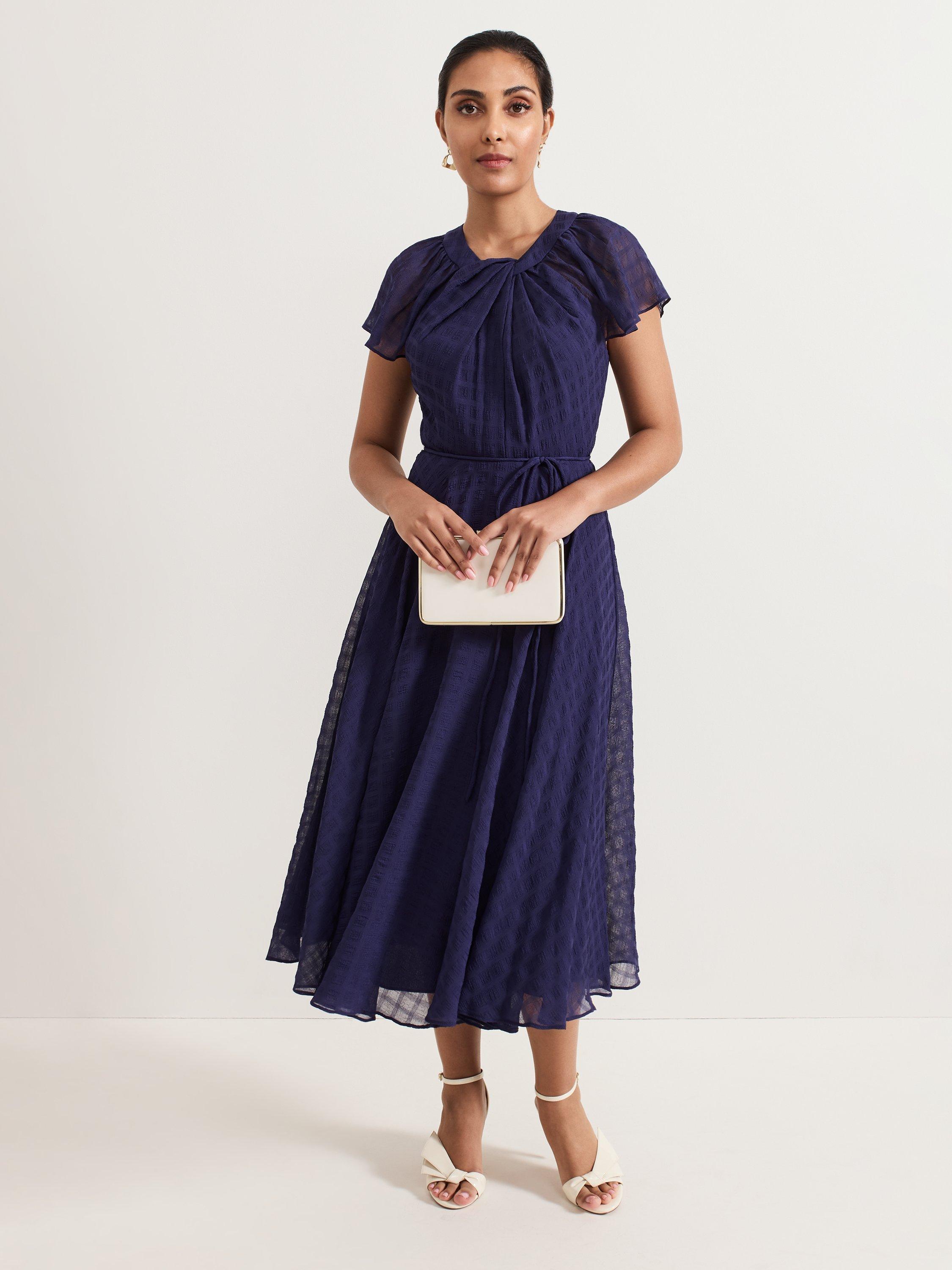 Product image 1 of 7, which shows Phase Eight Petite Gwen Twist Neck Dress, Navy, 8