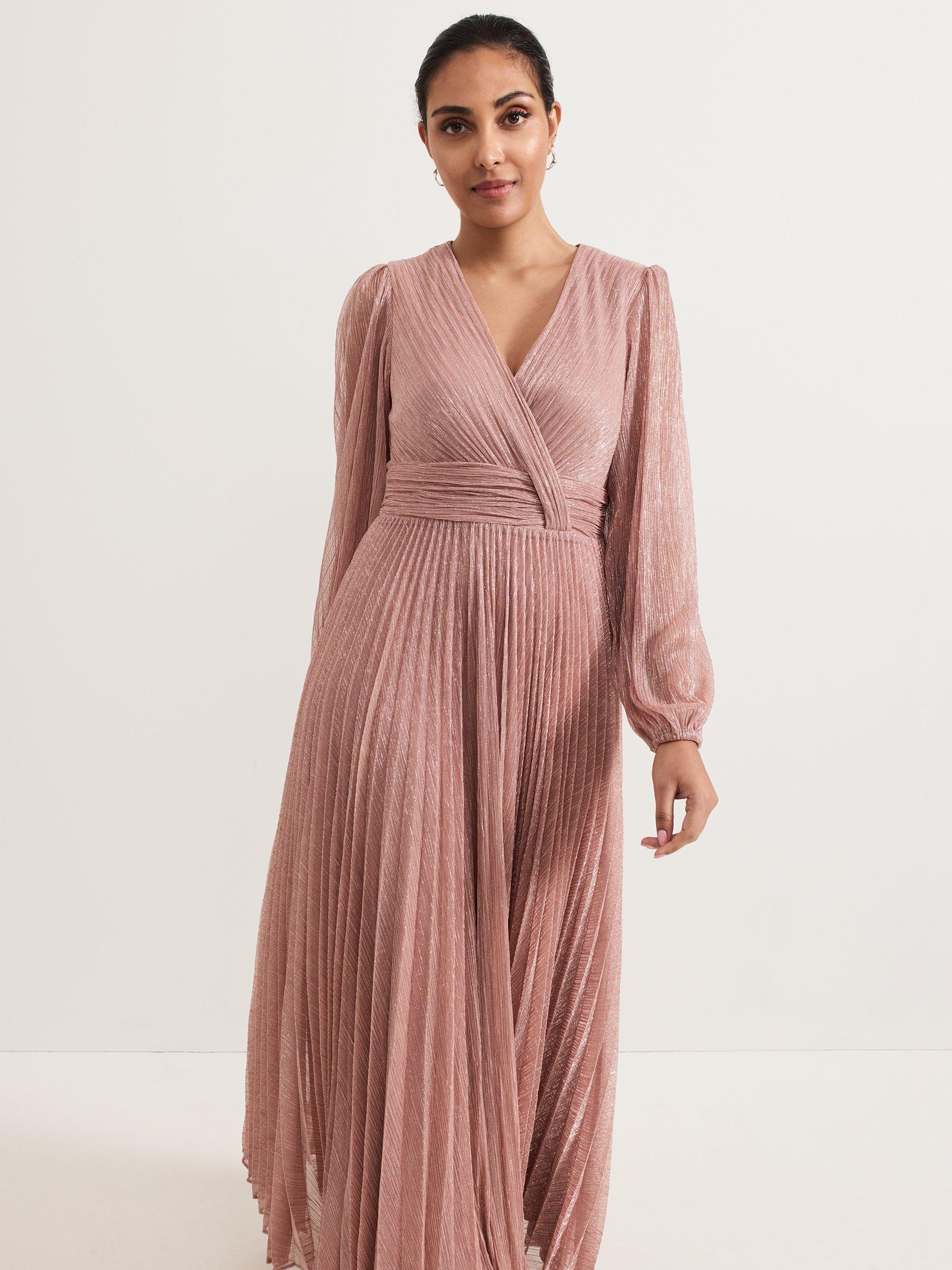 Product image 3 of 8, which shows Phase Eight Petite Harper Shimmer Pleated Maxi Dress, Pale Pink, 8