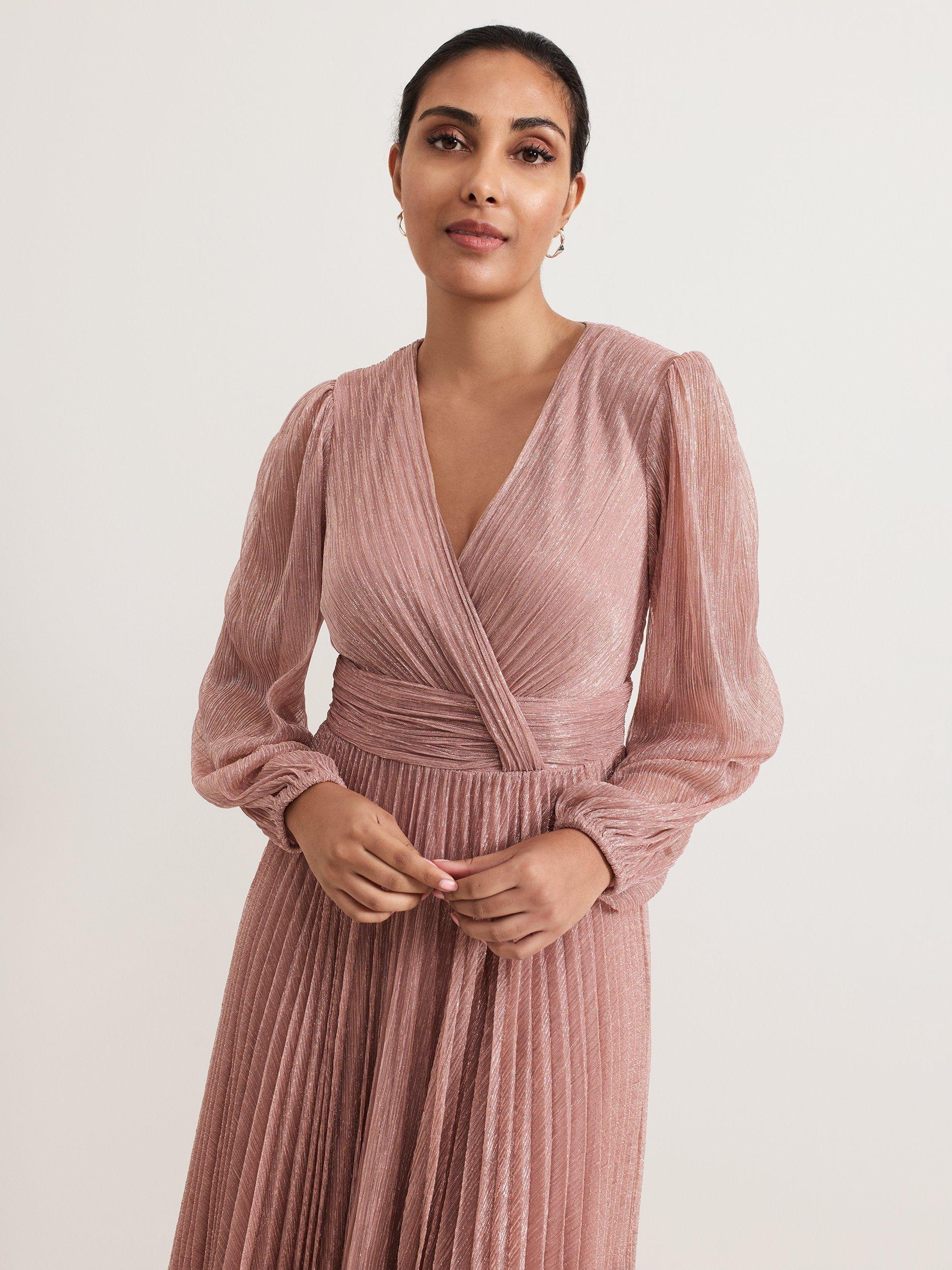 Product image 4 of 8, which shows Phase Eight Petite Harper Shimmer Pleated Maxi Dress, Pale Pink, 8