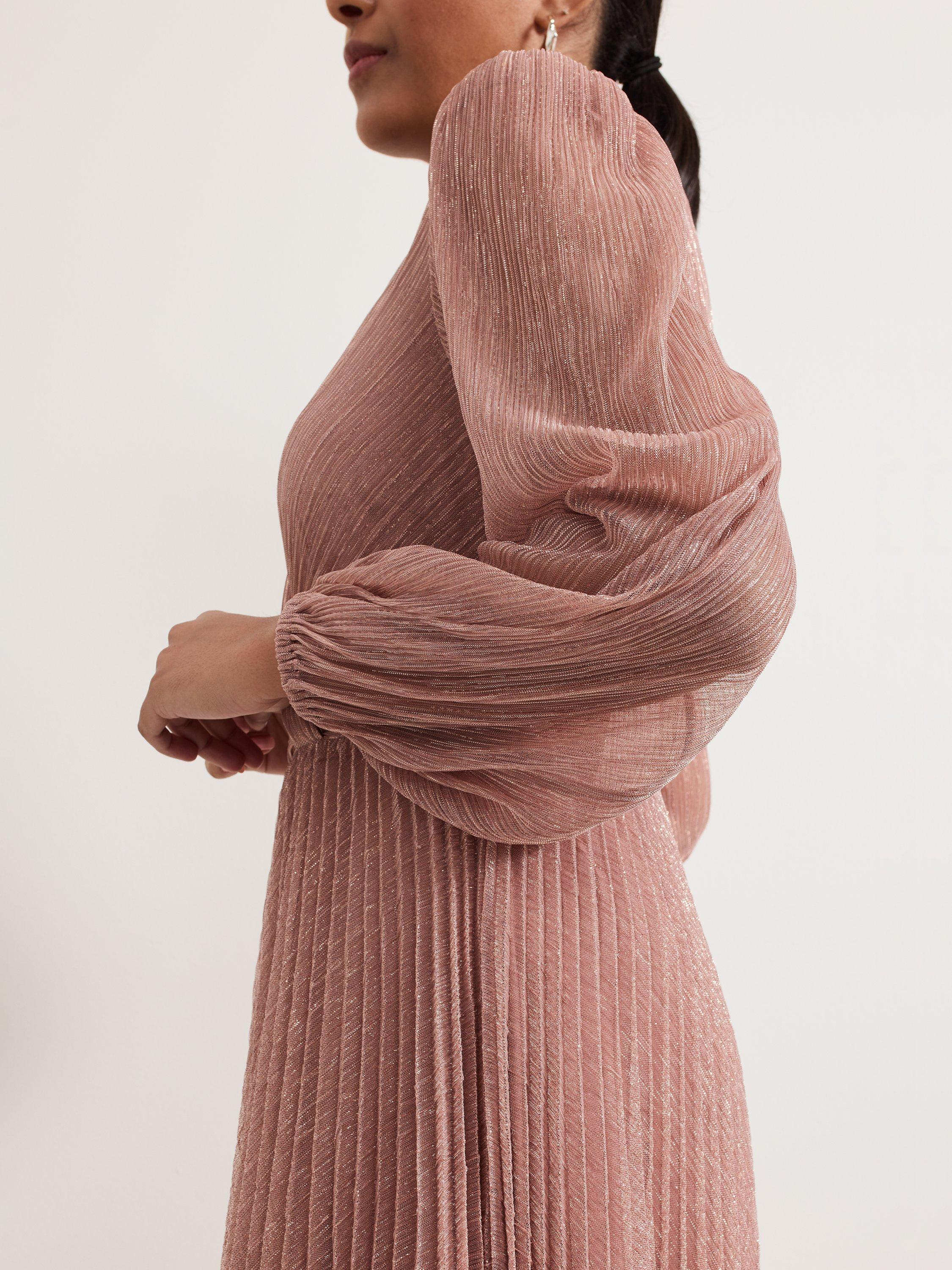 Product image 7 of 8, which shows Phase Eight Petite Harper Shimmer Pleated Maxi Dress, Pale Pink, 8