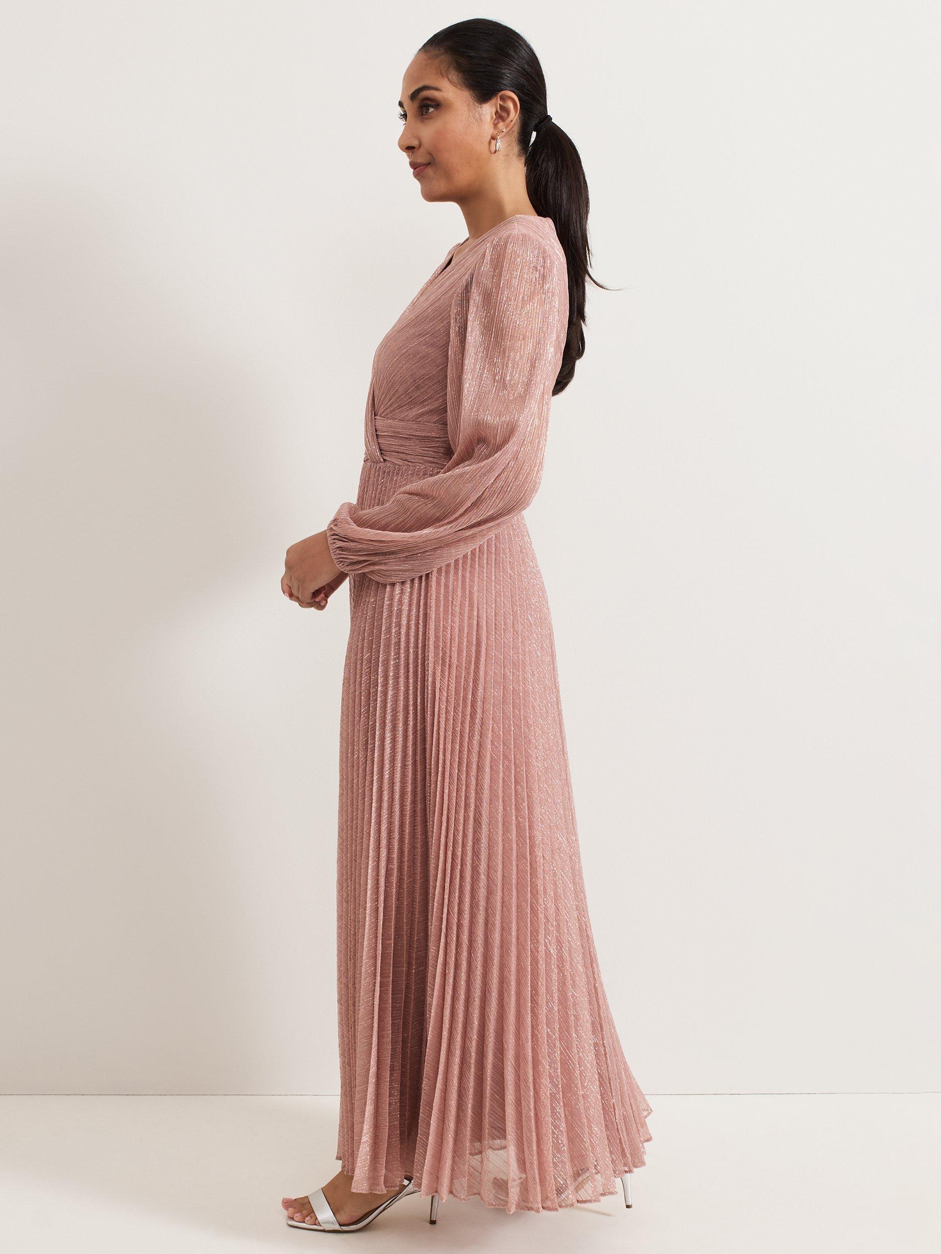 Product image 8 of 8, which shows Phase Eight Petite Harper Shimmer Pleated Maxi Dress, Pale Pink, 8