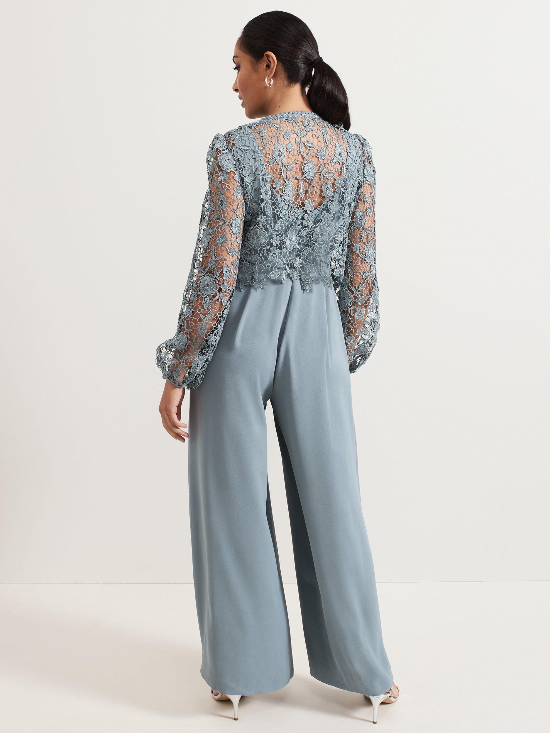 Product image 2 of 6, which shows Phase Eight Petite Vanessa Lace Bodice Jumpsuit, Light Blue, 8