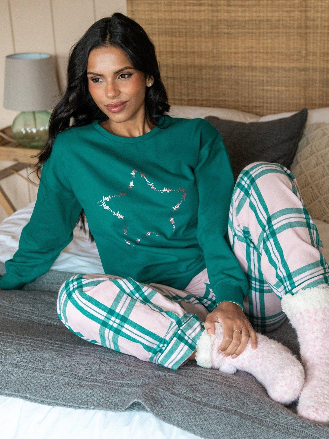 Product image 1 of 9, which shows Pour Moi Logo Sweatshirt Cosy Check Pyjama Set, Light Pink/Teal, 8