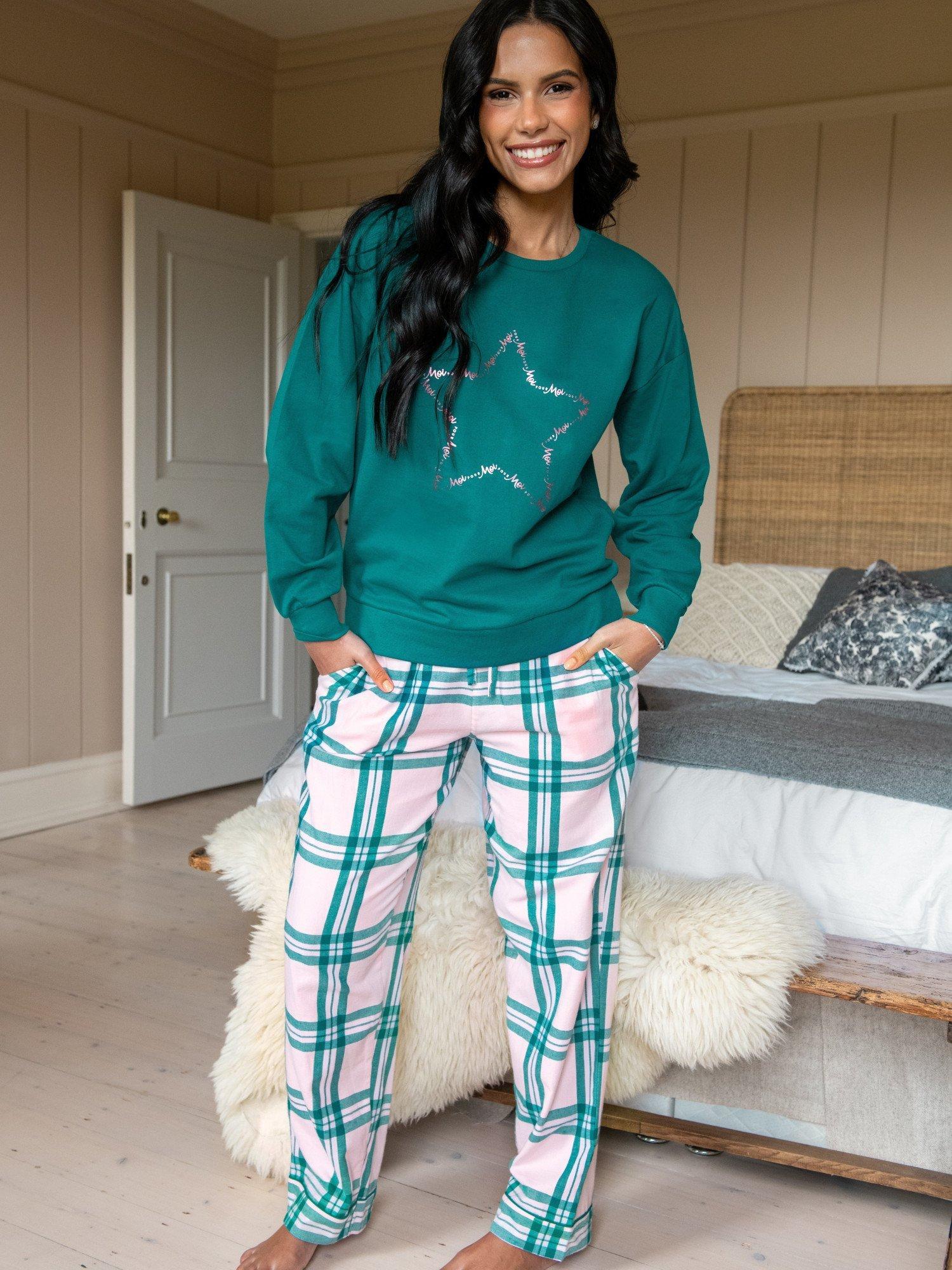 Product image 2 of 9, which shows Pour Moi Logo Sweatshirt Cosy Check Pyjama Set, Light Pink/Teal, 8