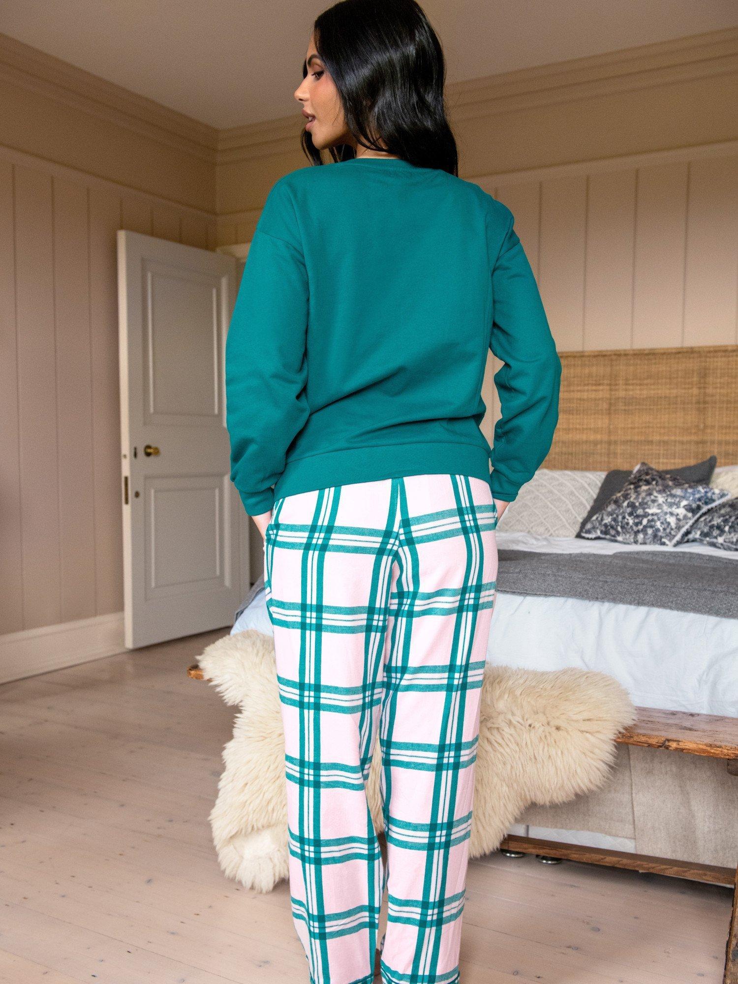 Product image 3 of 9, which shows Pour Moi Logo Sweatshirt Cosy Check Pyjama Set, Light Pink/Teal, 8