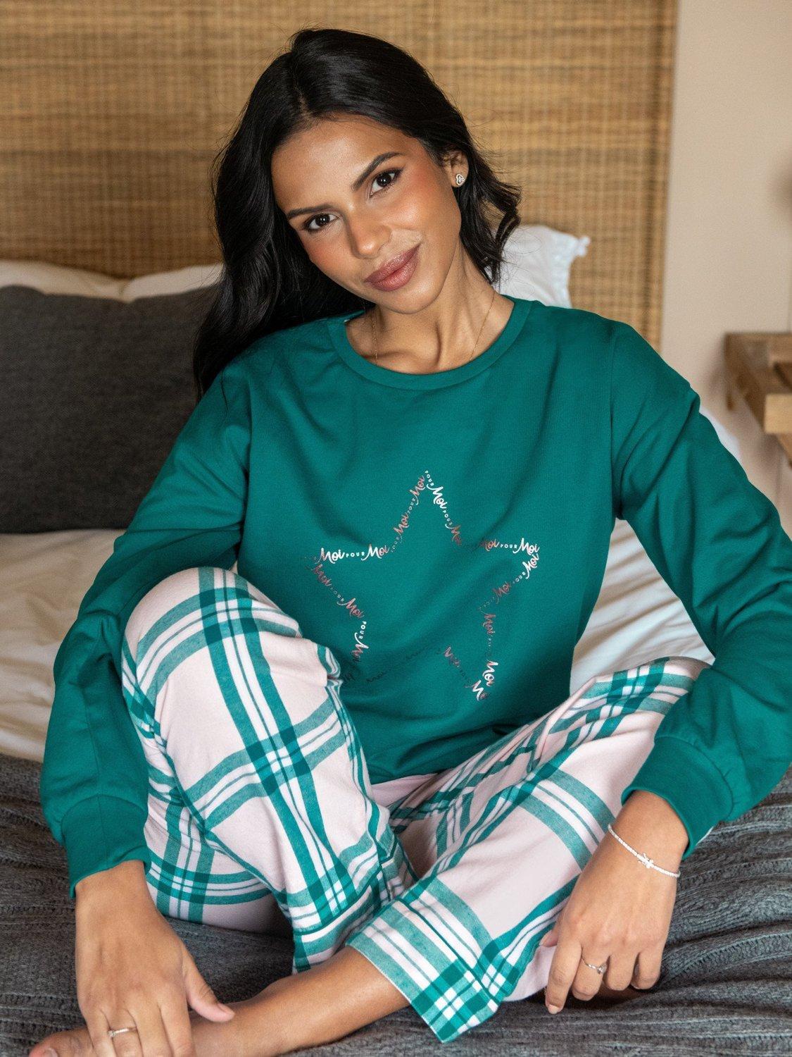 Product image 4 of 9, which shows Pour Moi Logo Sweatshirt Cosy Check Pyjama Set, Light Pink/Teal, 8