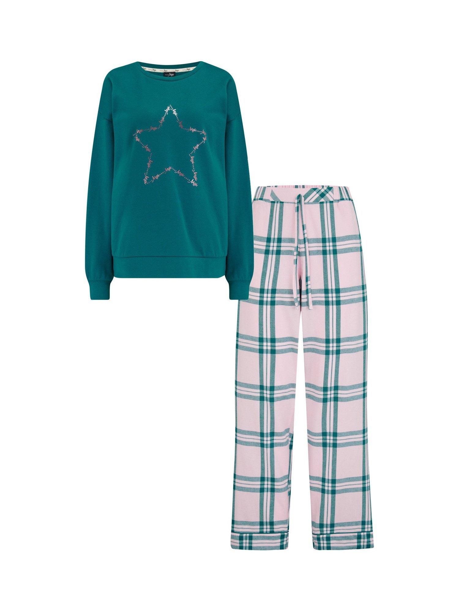 Product image 5 of 9, which shows Pour Moi Logo Sweatshirt Cosy Check Pyjama Set, Light Pink/Teal, 8