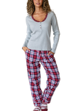 Pour Moi Rib Jersey Lace Trim Henley Pyjama Set, Navy/Red/White