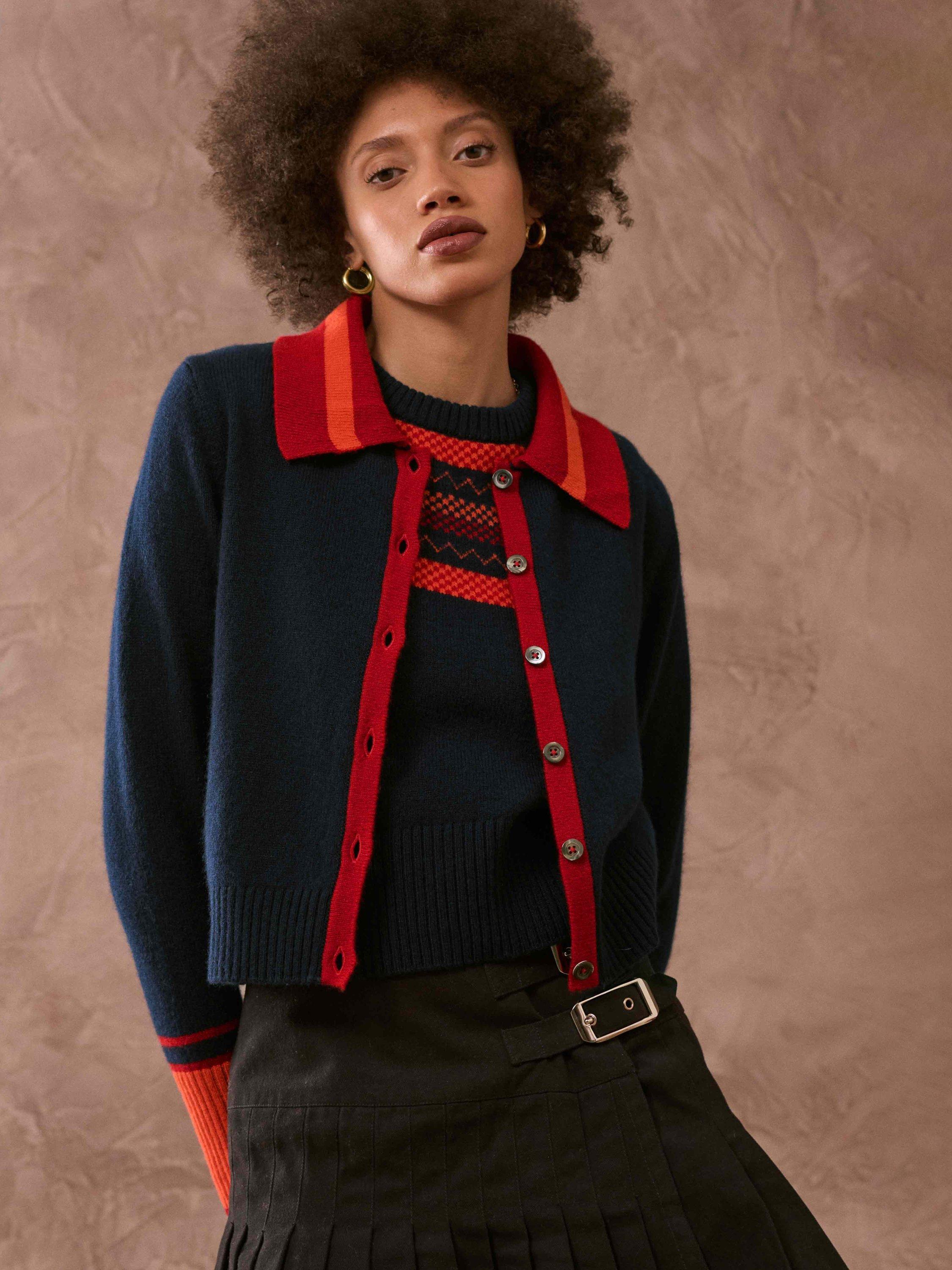 Brora Lambswool Contrast Tipped Cardigan, Neptune/Henna