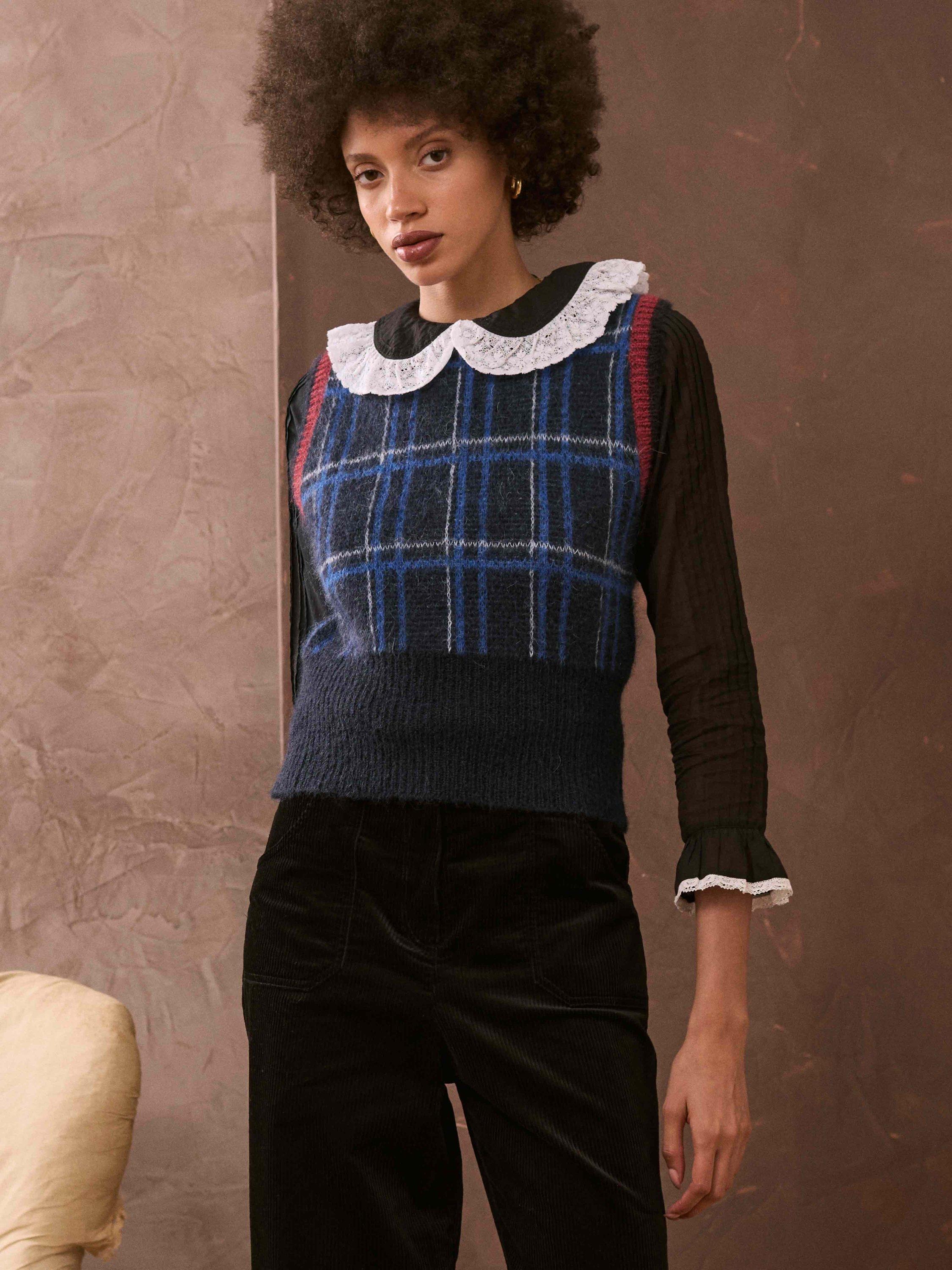 Brora Mohair Blend Check Tank, Swallow