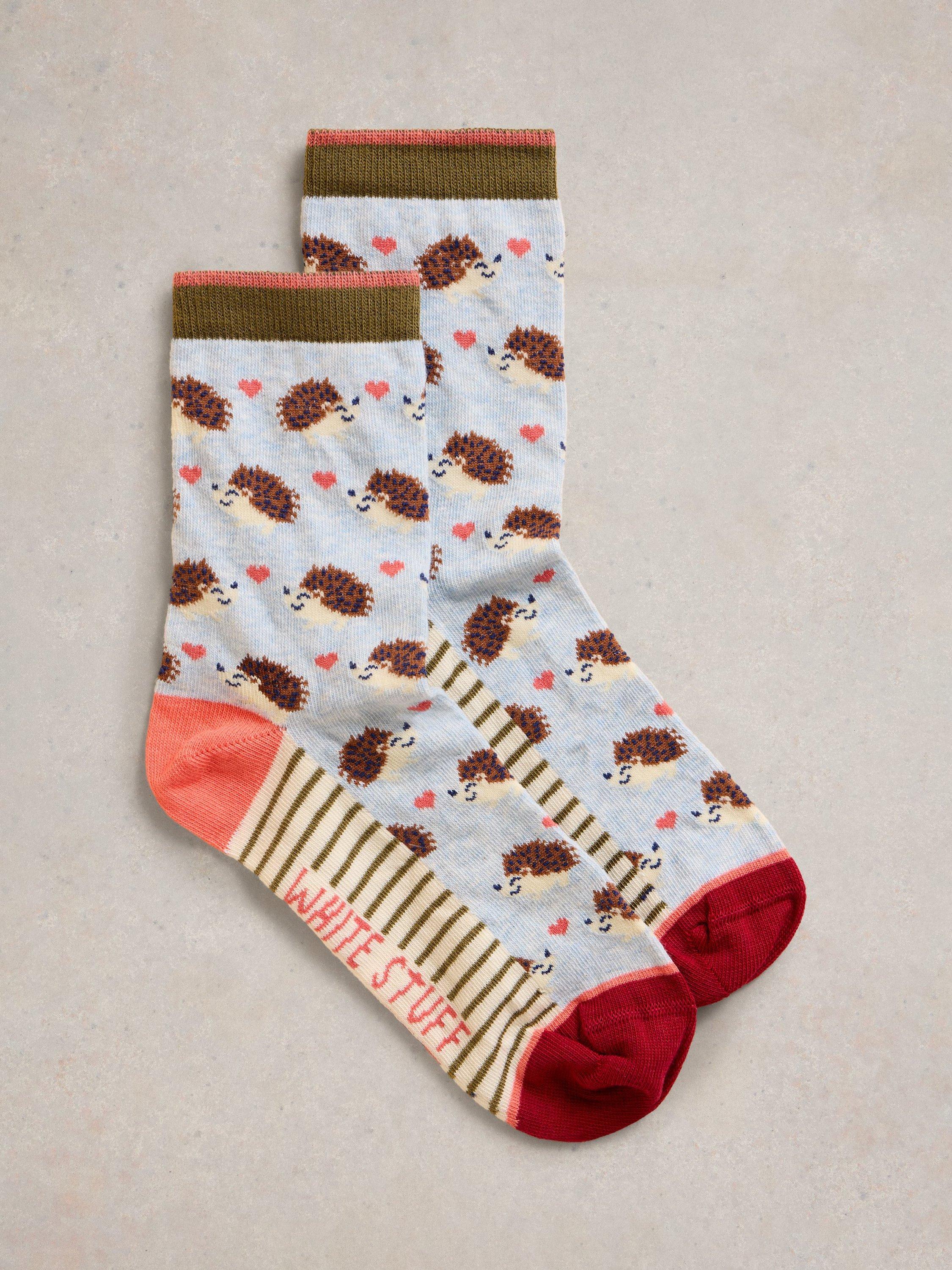 Product image 1 of 2, which shows White Stuff Hedgehog Organic Cotton Rich Ankle Socks, Light Blue/Multi, 6-8