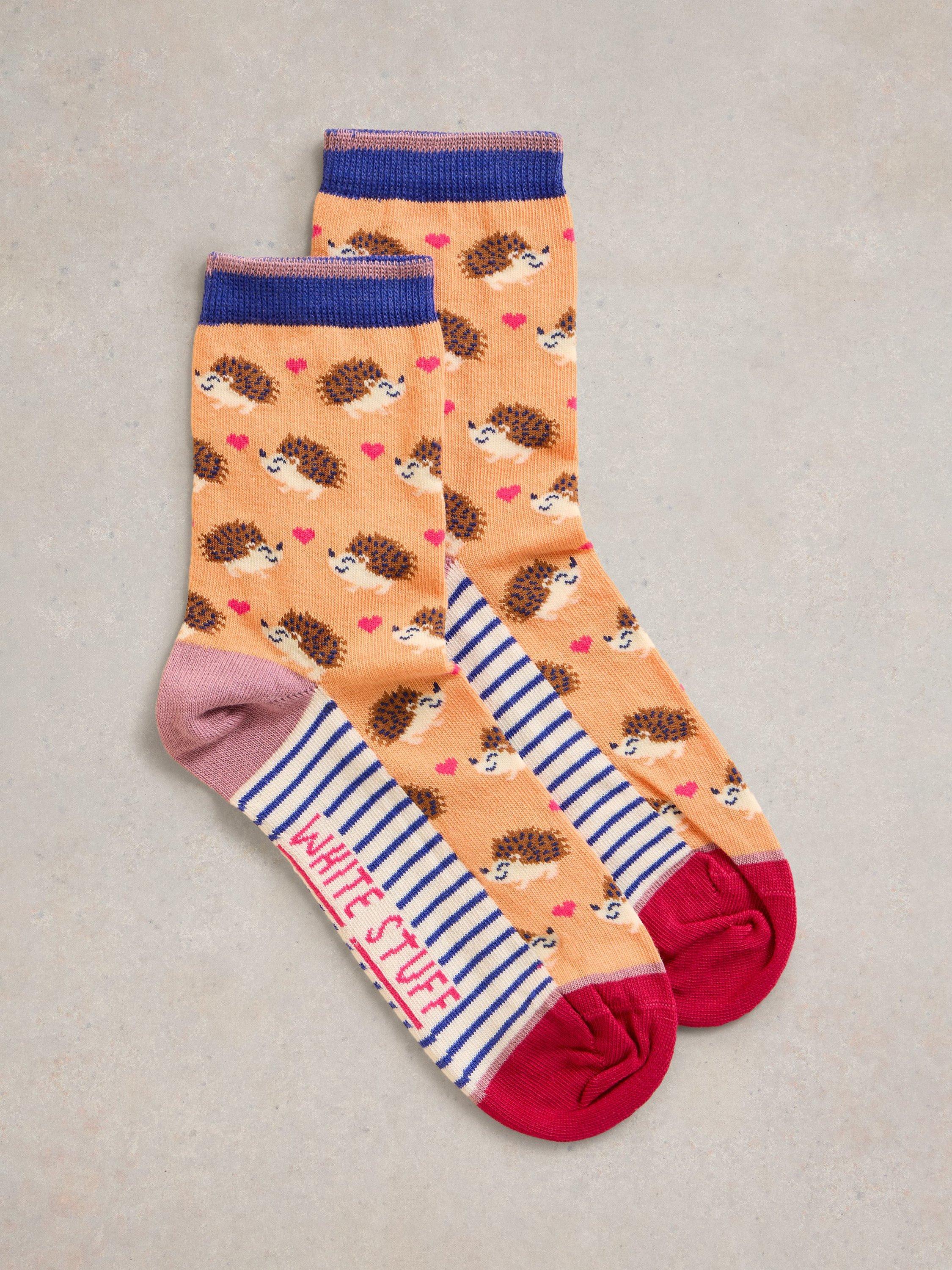 Product image 1 of 2, which shows White Stuff Hedgehog Organic Cotton Rich Ankle Socks, Orange/Multi, 3-5.5