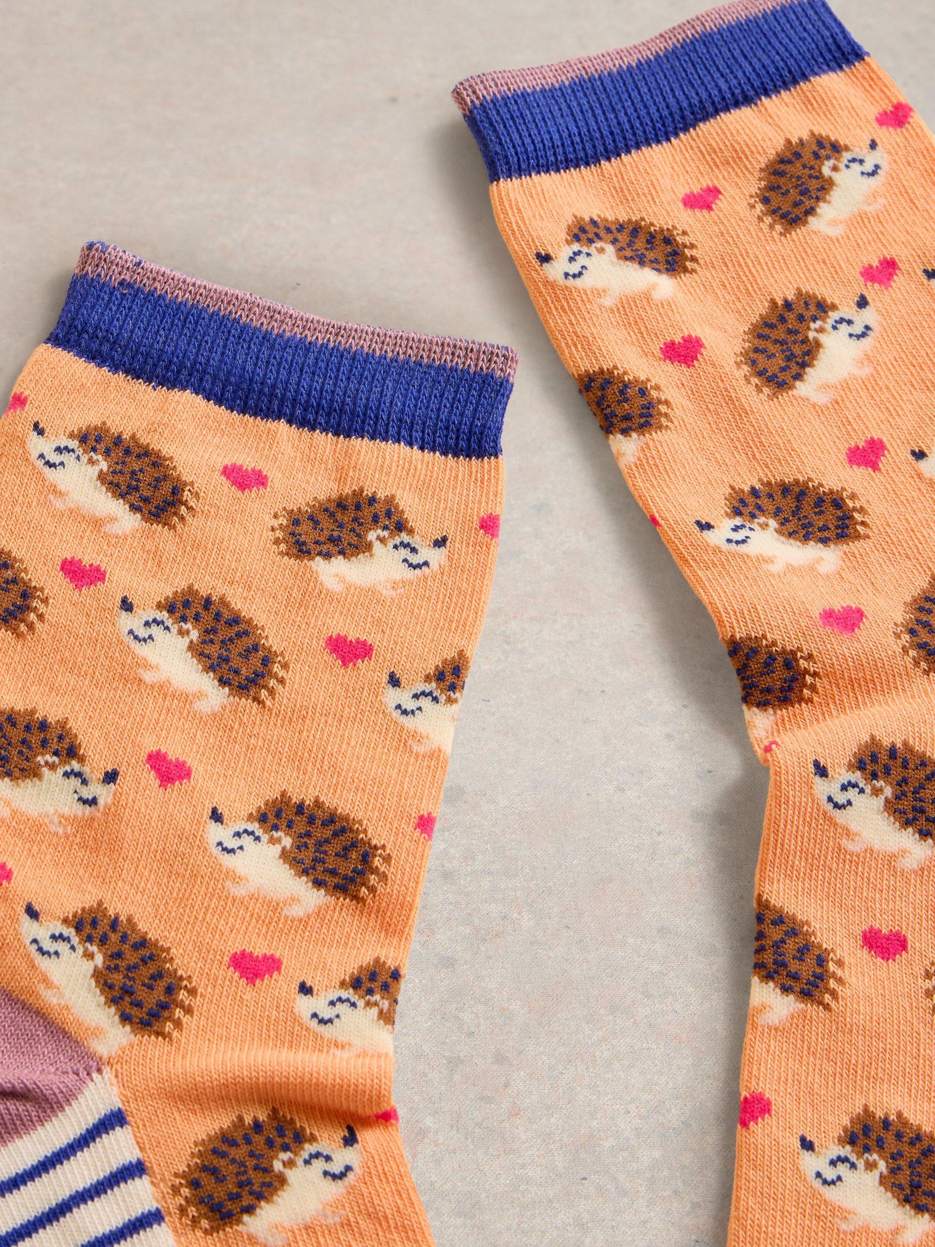 Product image 2 of 2, which shows White Stuff Hedgehog Organic Cotton Rich Ankle Socks, Orange/Multi, 3-5.5