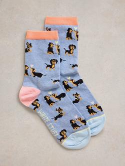 White Stuff Kissing Dogs Organic Cotton Rich Socks, Light Blue/Multi, Light Blue/Multi