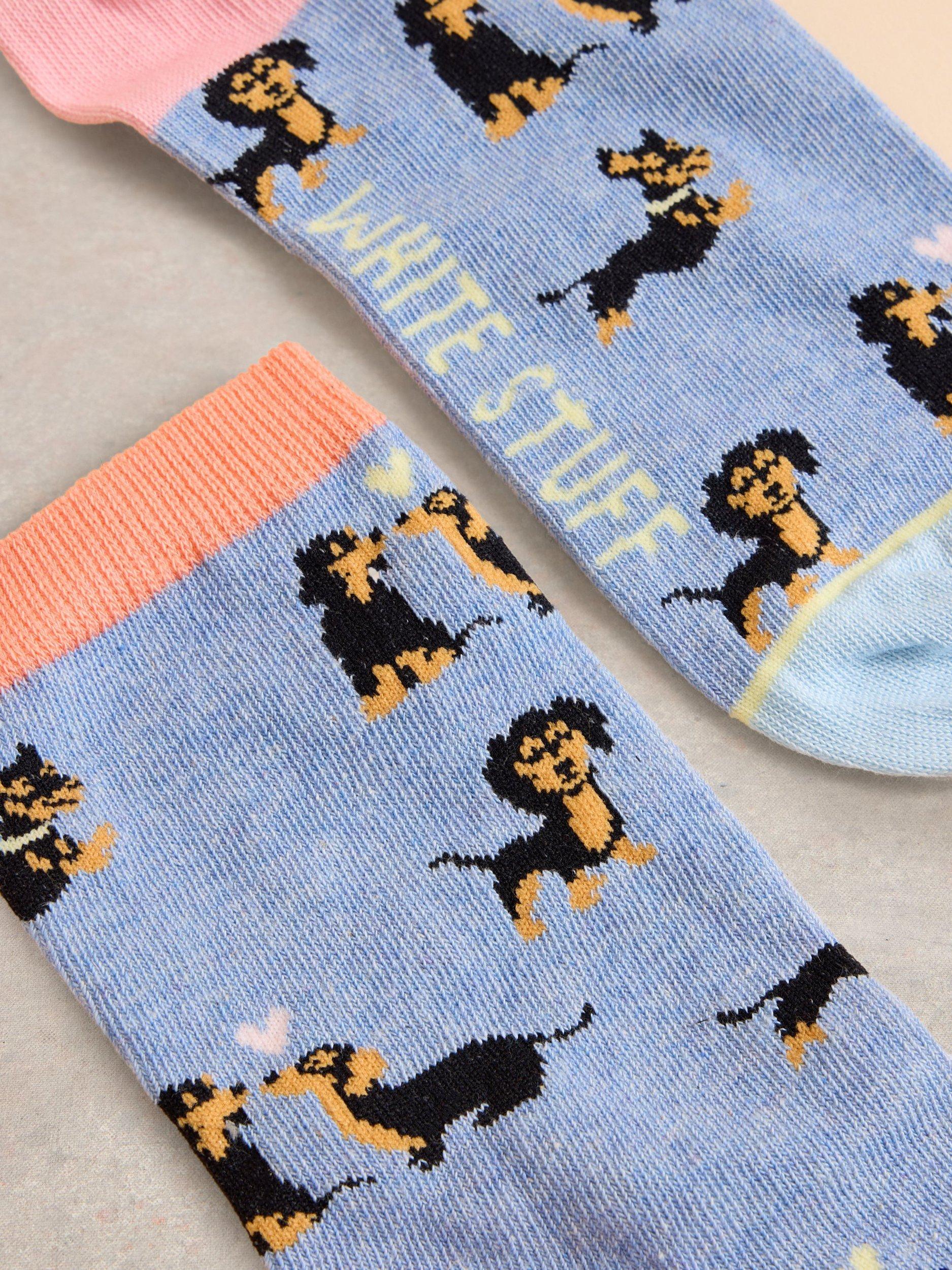 Product image 2 of 2, which shows White Stuff Kissing Dogs Organic Cotton Rich Socks, Light Blue/Multi, 3-5.5
