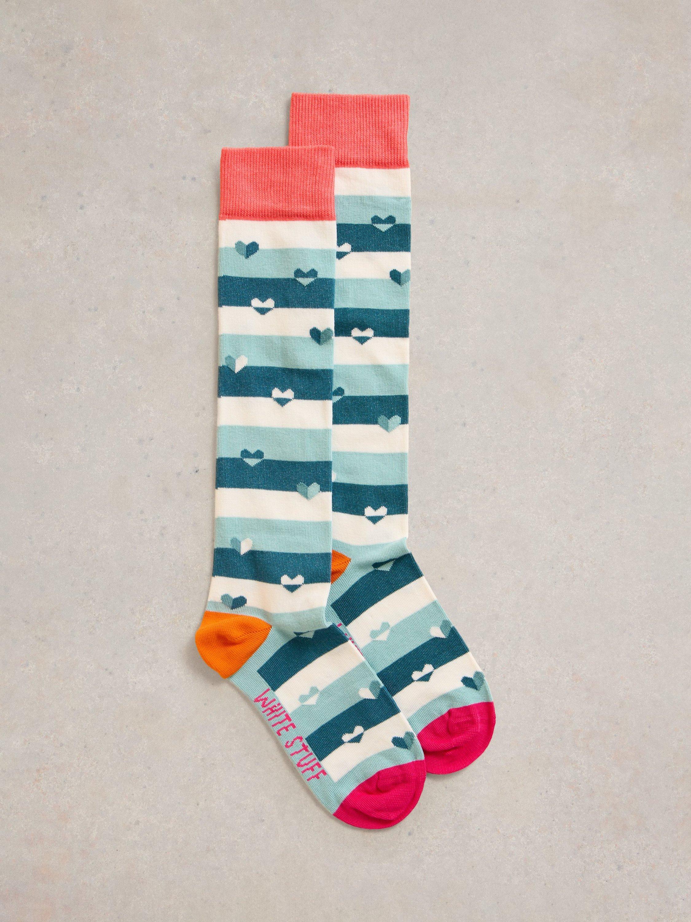 White Stuff Stripe Hearts Organic Cotton Rich Knee High Socks, Blue/Multi