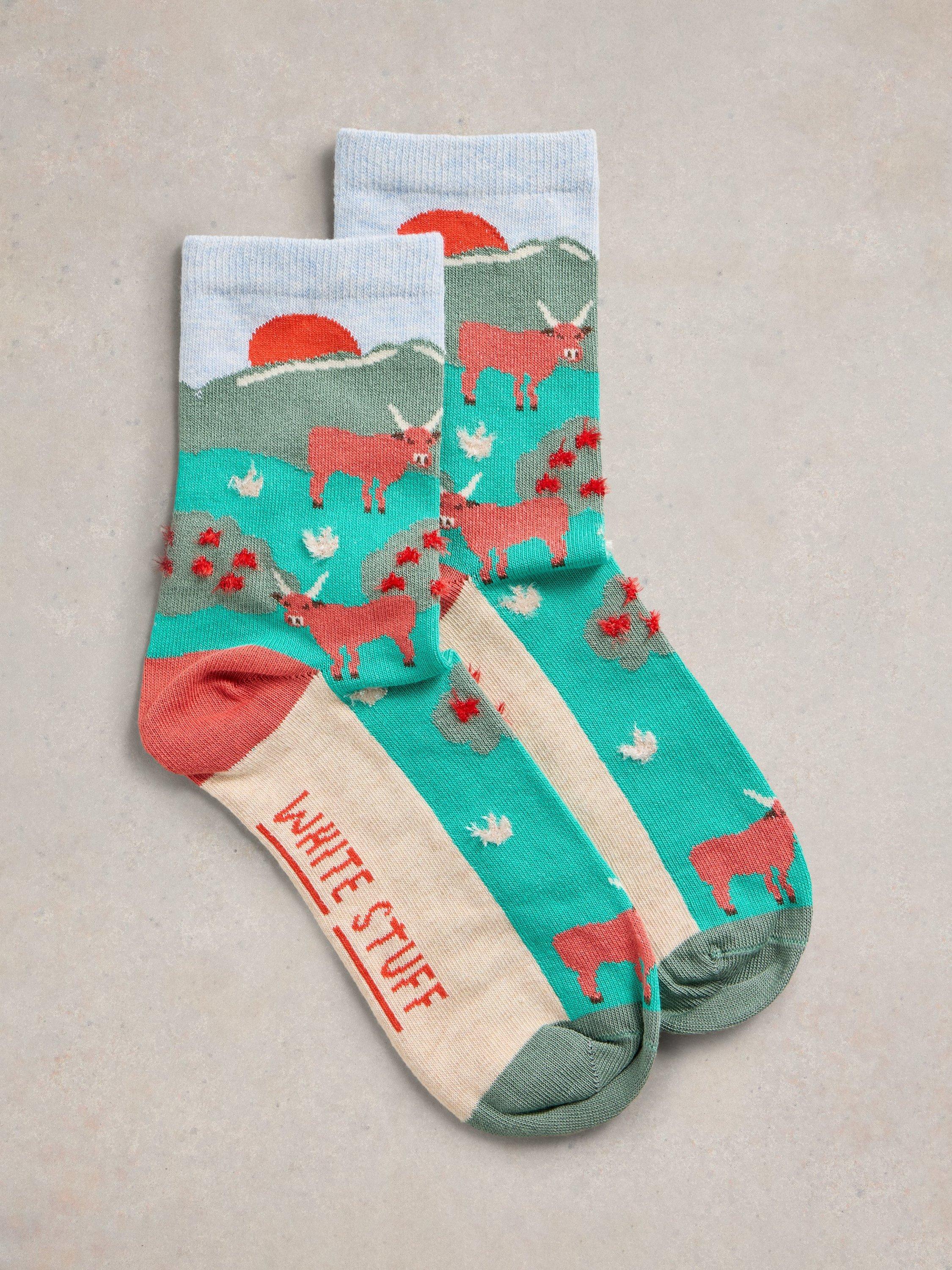 White Stuff Fluffy Cow Organic Cotton Rich Ankle Socks, Green/Multi
