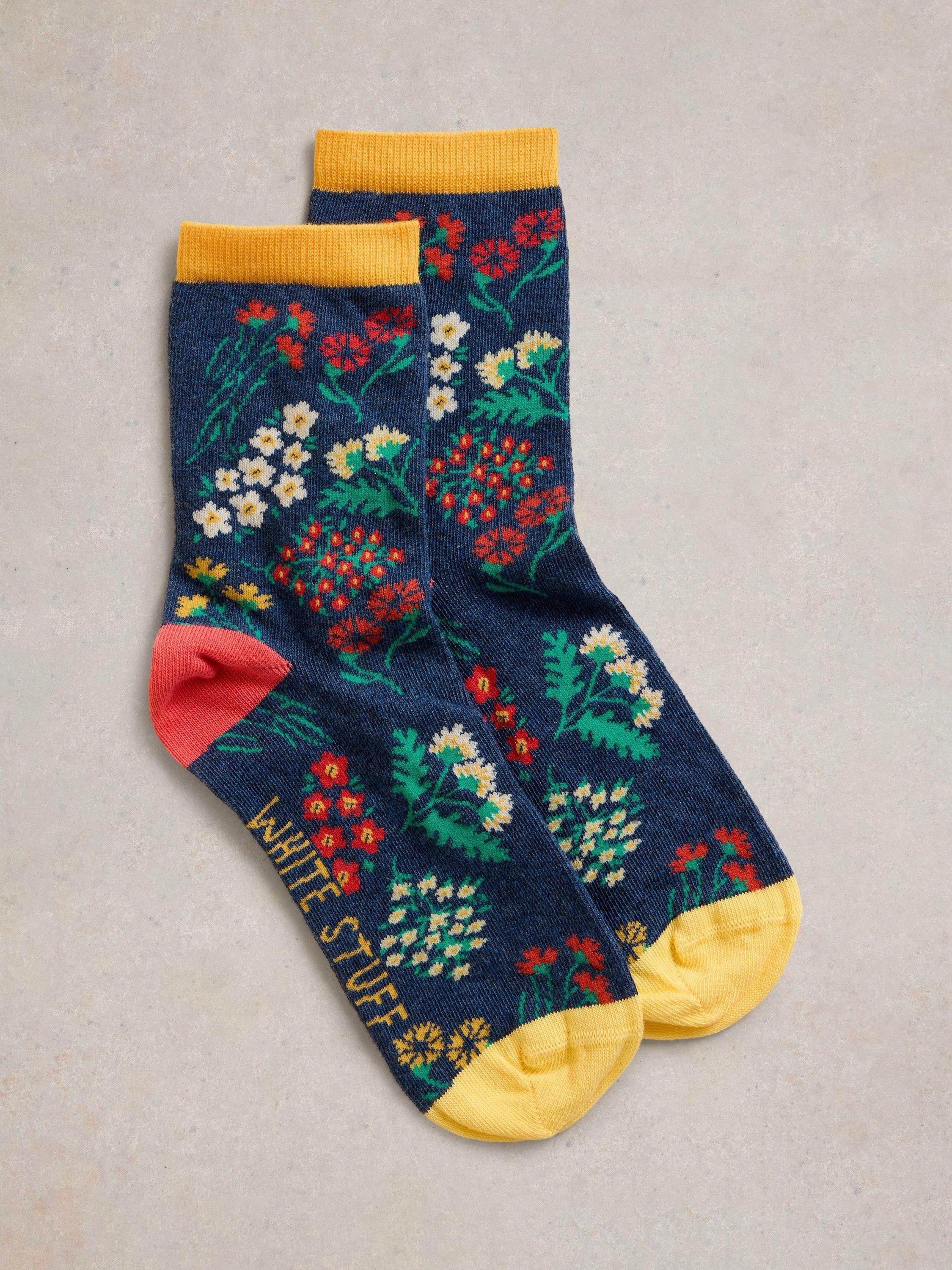 White Stuff Floral Organic Cotton Rich Ankle Socks, Blue/Multi