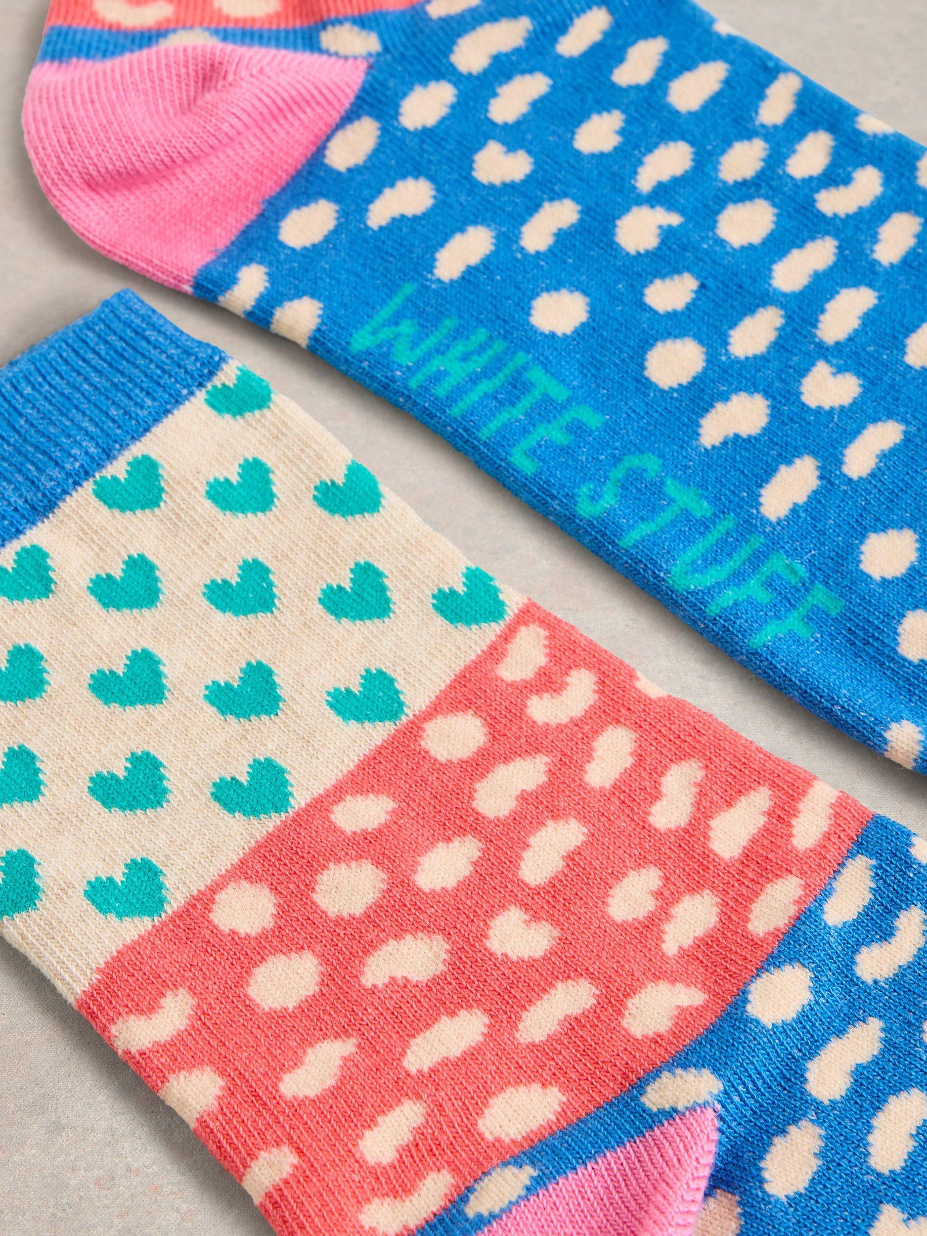 Product image 2 of 2, which shows White Stuff Heart Organic Cotton Rich Ankle Socks, Blue/Multi, 3-5.5