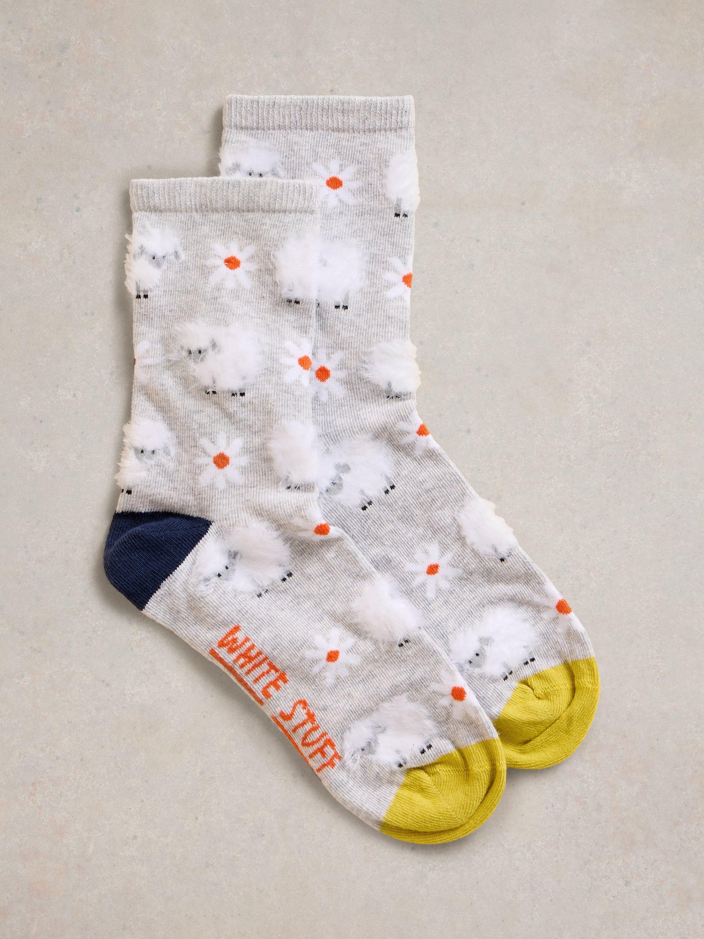 Product image 1 of 2, which shows White Stuff Fluffy Sheep Organic Cotton Rich Ankle Socks, Grey/Multi, 3-5.5