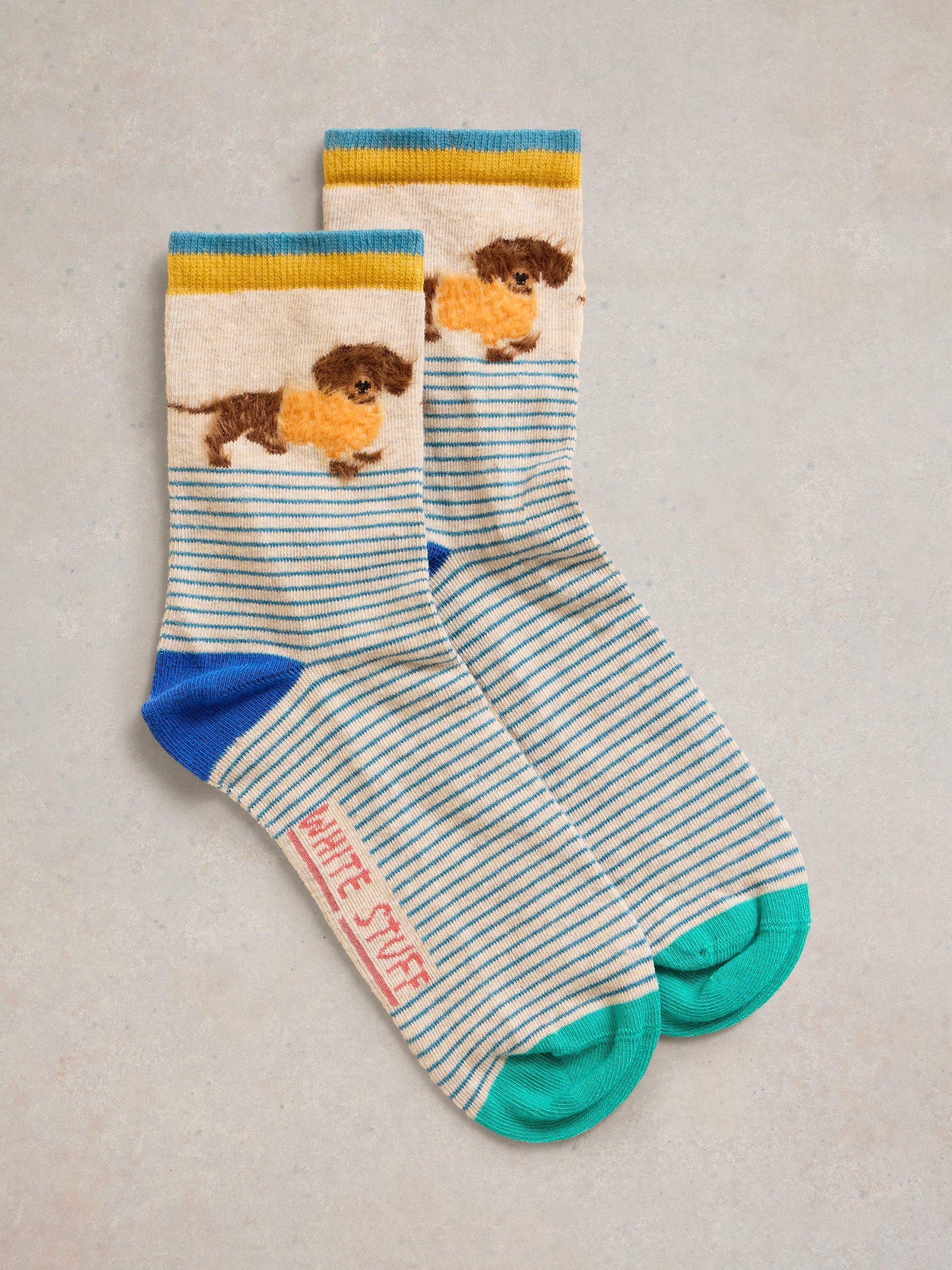 Product image 1 of 2, which shows White Stuff Fluffy Dog Organic Cotton Rich Ankle Socks, Grey/Multi, 3-5.5