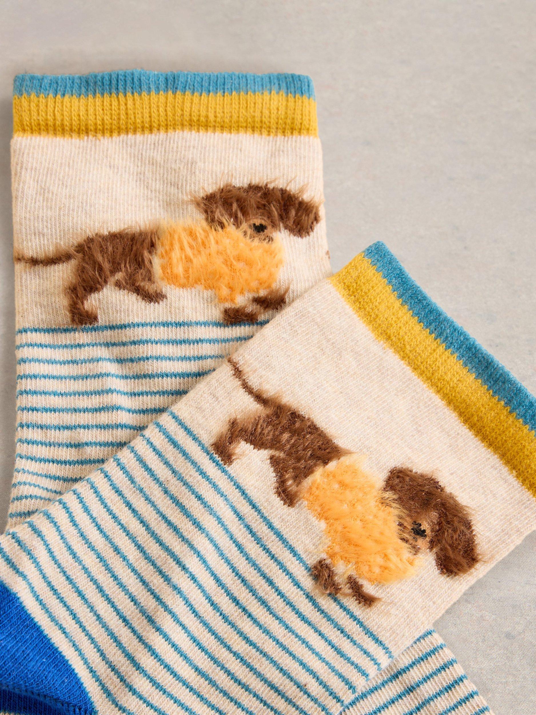 Product image 2 of 2, which shows White Stuff Fluffy Dog Organic Cotton Rich Ankle Socks, Grey/Multi, 3-5.5