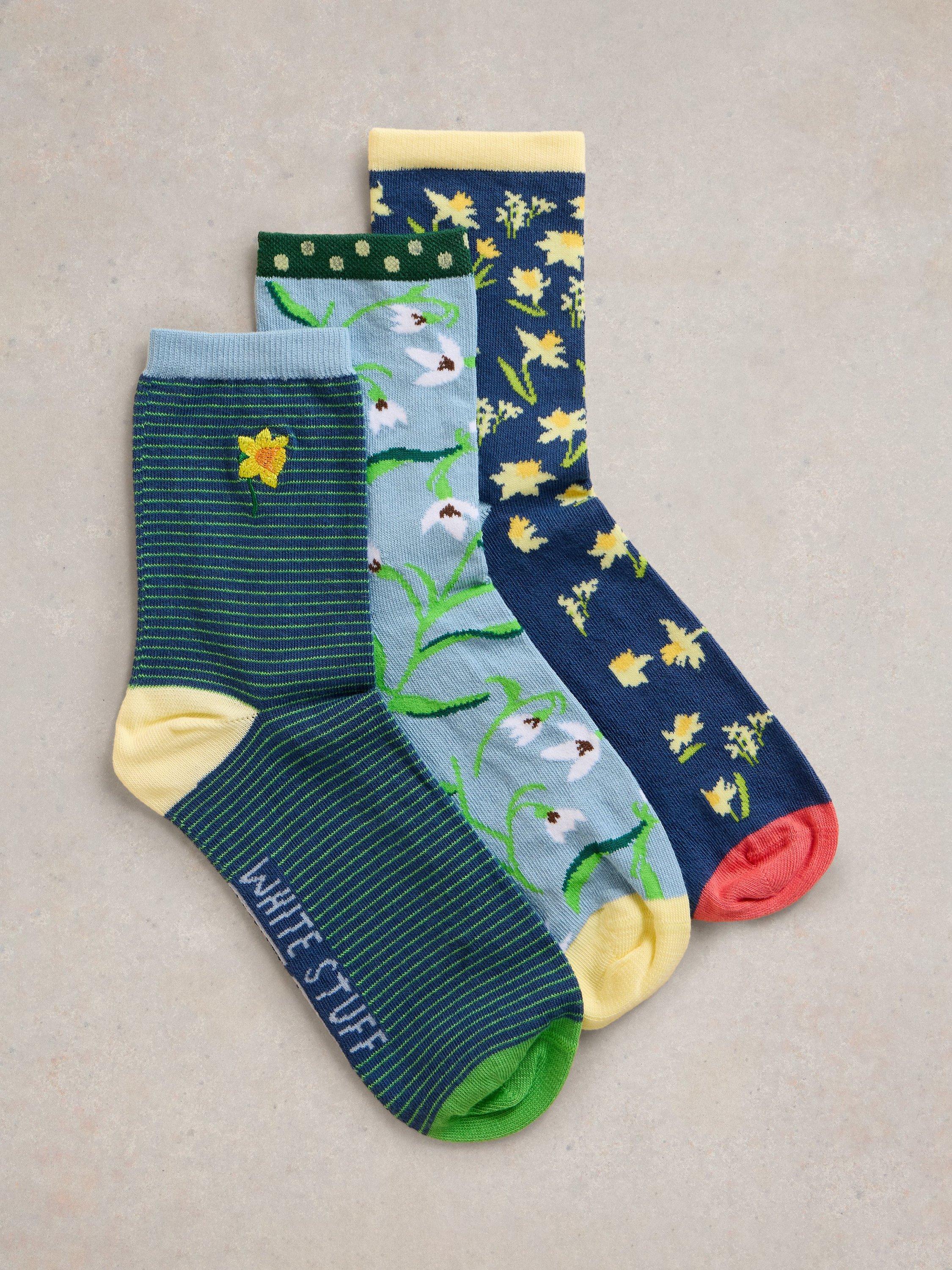 Product image 1 of 2, which shows White Stuff Flowers Organic Cotton Rich Socks, Pack of 3, Blue/Multi, 3-5.5