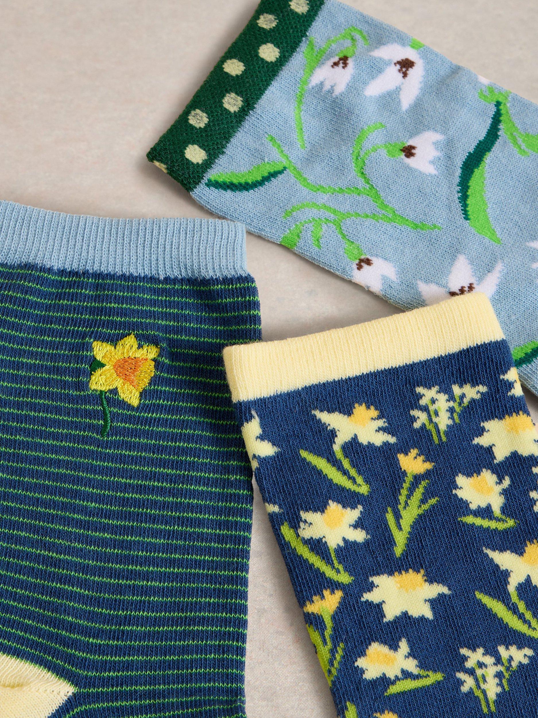 Product image 2 of 2, which shows White Stuff Flowers Organic Cotton Rich Socks, Pack of 3, Blue/Multi, 3-5.5