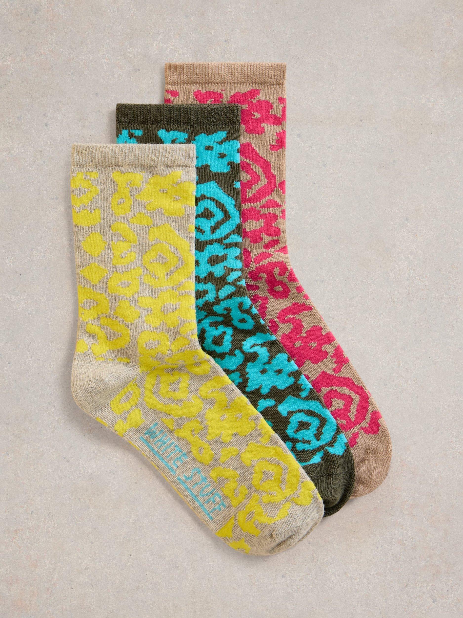 White Stuff Animal Print Organic Cotton Rich Ankle Socks, Pack of 3, Pink/Multi