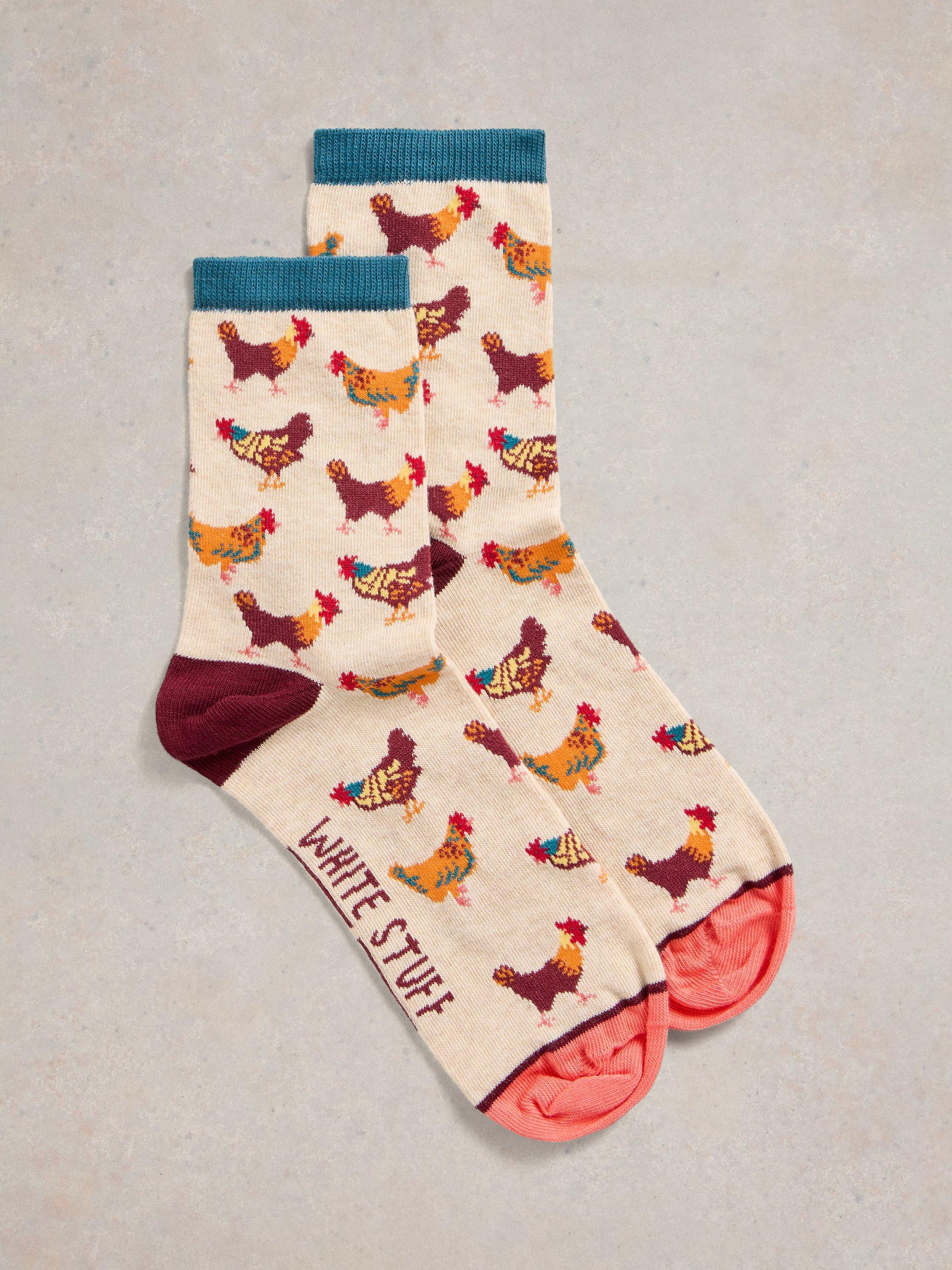 Product image 1 of 2, which shows White Stuff Clucky Organic Cotton Rich Ankle Socks, Natural/Multi, 3-5.5