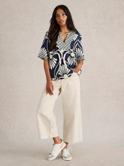 White Stuff Ash Floral Linen Rich Top, Navy/Multi, Navy/Multi