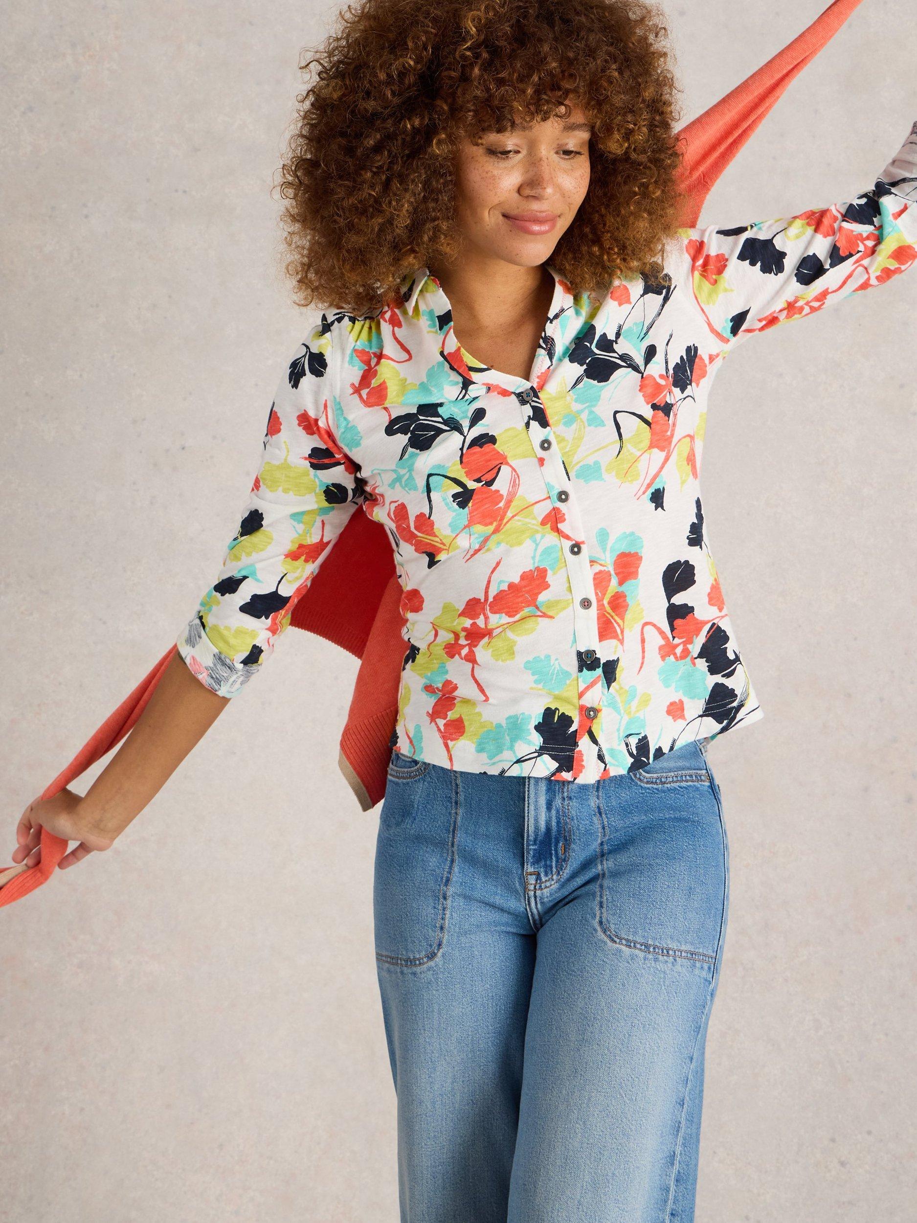 Product image 4 of 6, which shows White Stuff Annie Floral Jersey Shirt, Ivory/Multi, 10
