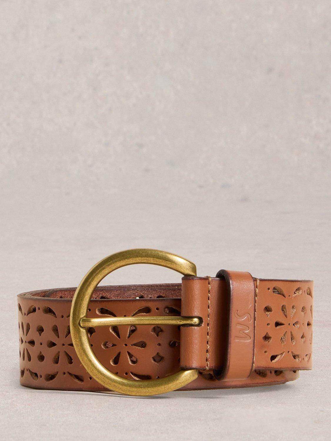Product image 1 of 3, which shows White Stuff Floral Cut Out Leather Belt, Mid Tan, S-M