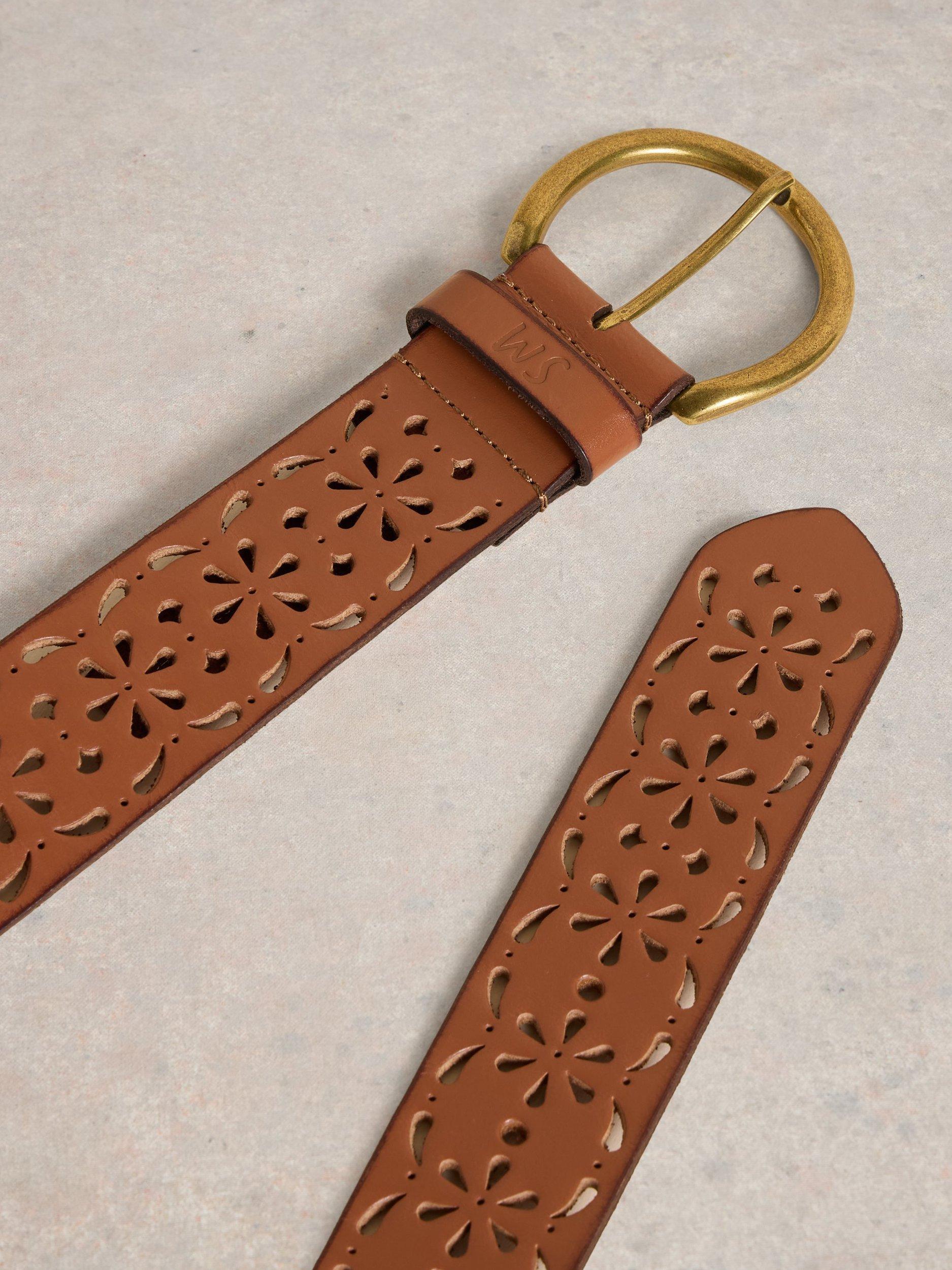 Product image 3 of 3, which shows White Stuff Floral Cut Out Leather Belt, Mid Tan, S-M