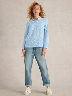 White Stuff Sophie Embroidered Square Pure Organic Cotton Shirt, Blue/Multi, Blue/Multi